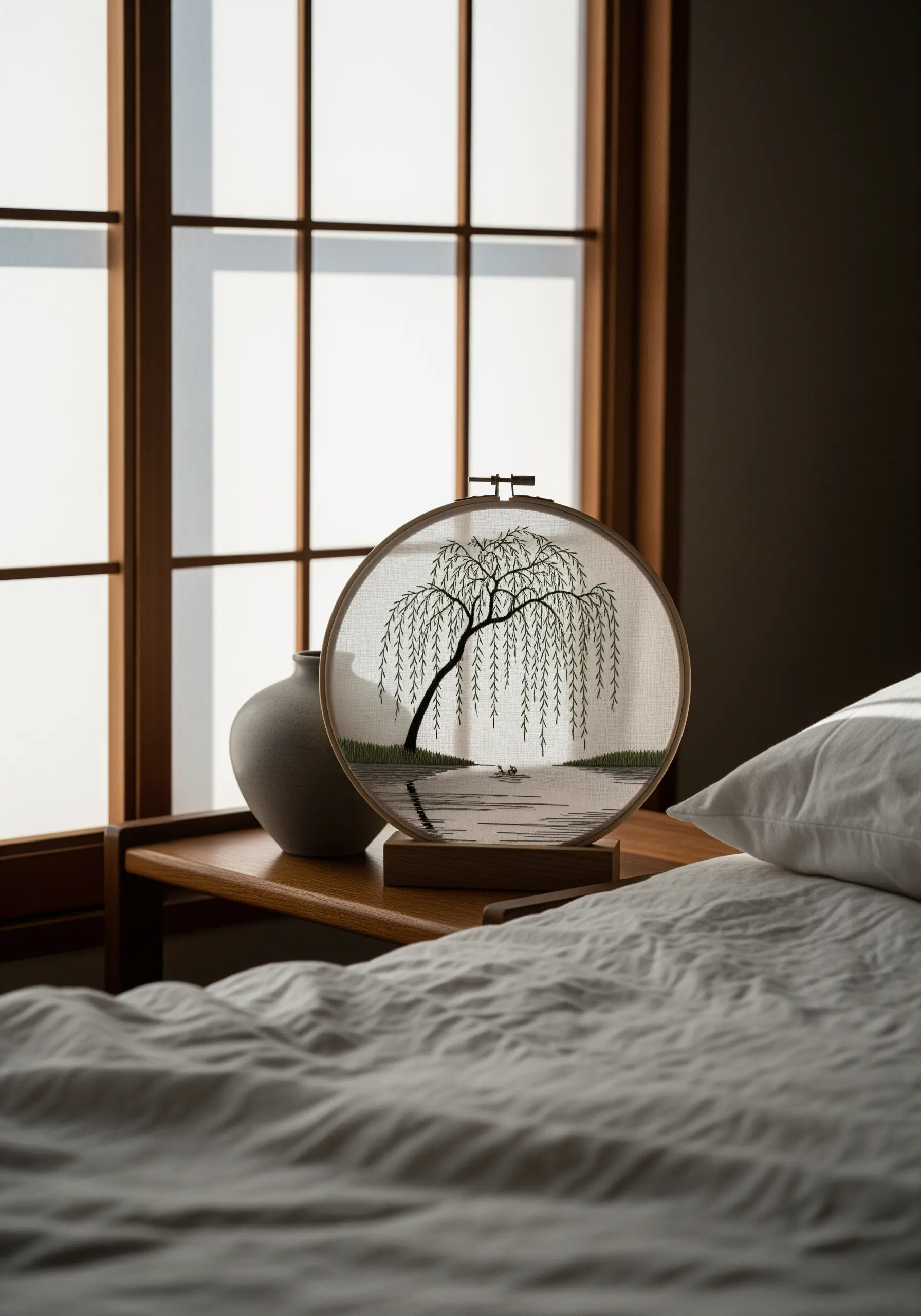 Minimalist weeping willow tree embroidered on sheer fabric, placed in a sunlit room.