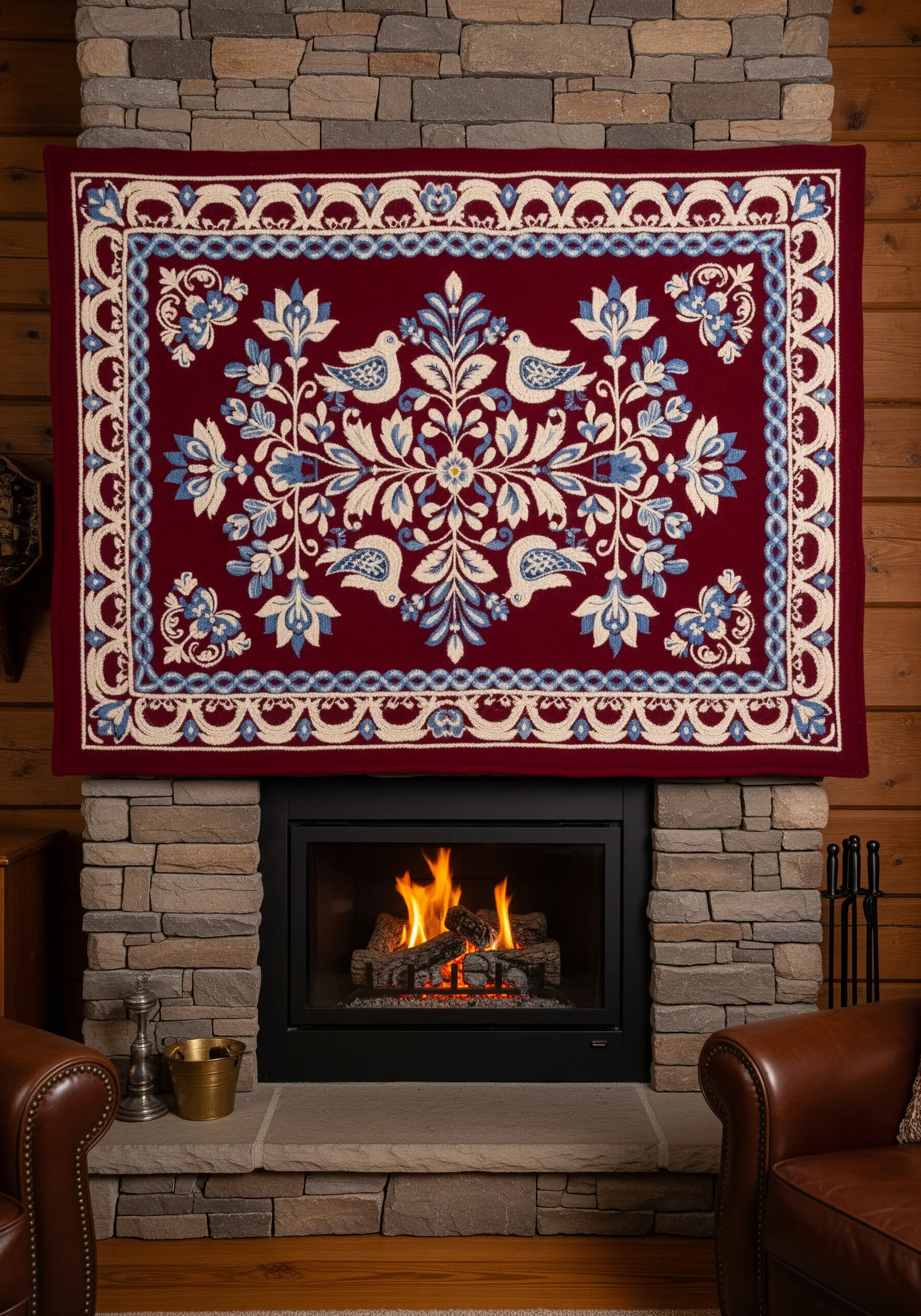A symmetrical folk art embroidery tapestry in red, white, and blue hanging above a stone fireplace.