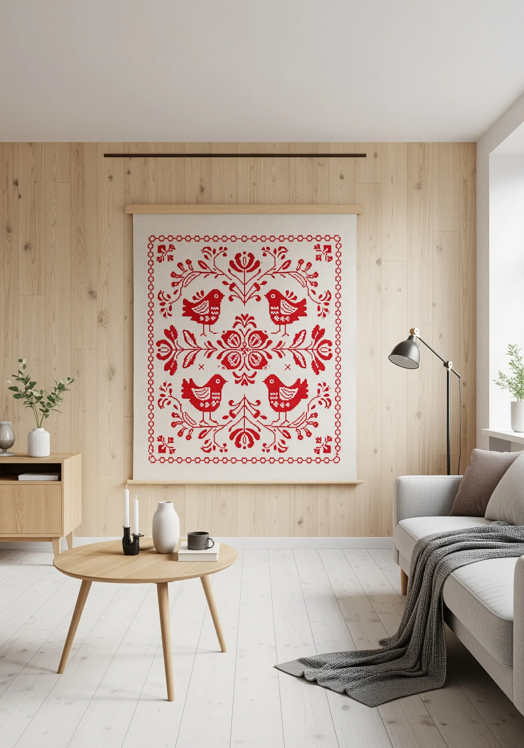 A cross-stitch style tapestry with symmetrical red birds and floral motifs on a cream background.