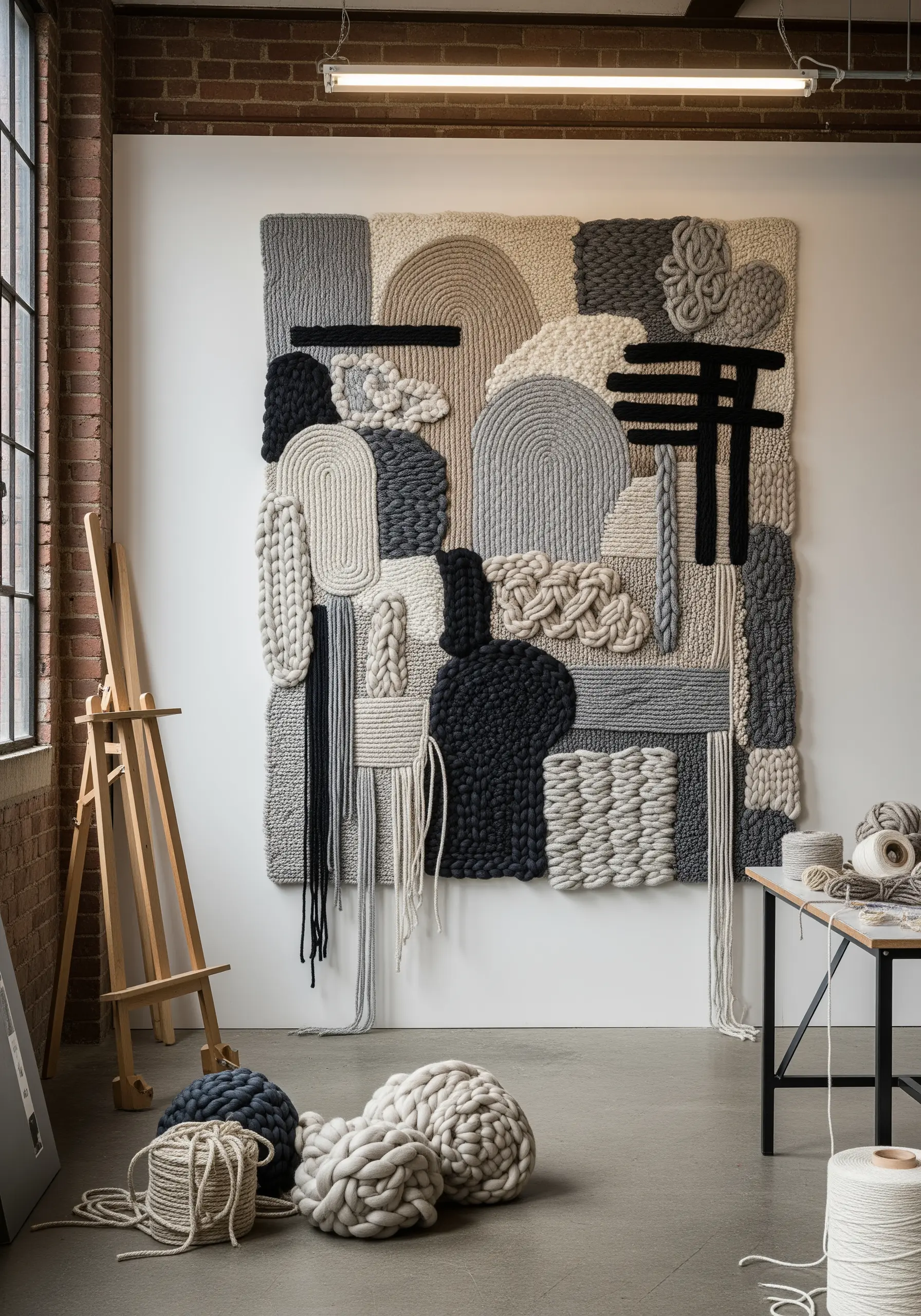 A large, abstract fiber art piece in a studio with chunky roving and braided yarns.