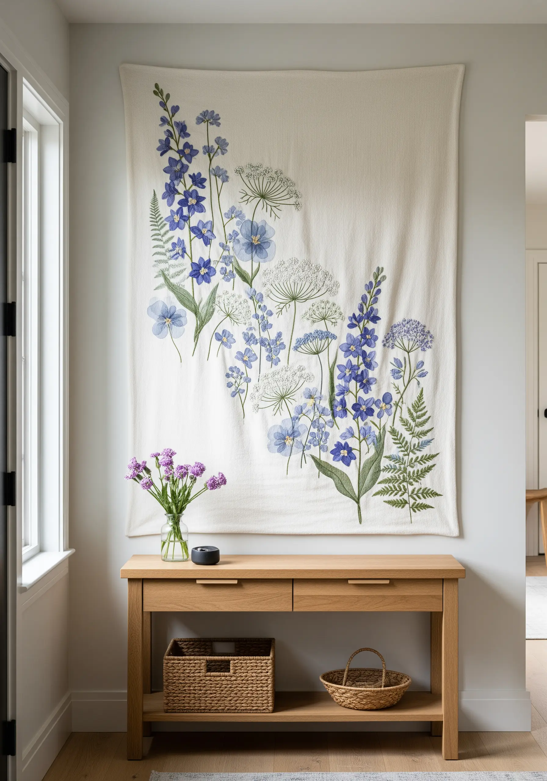 Large-scale botanical embroidery wall hanging with blue delphiniums and white florals.