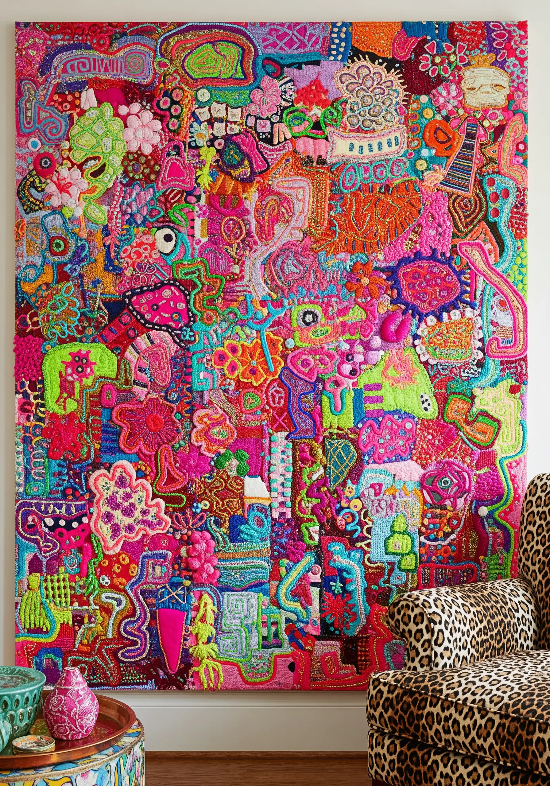 A large, vibrant, and abstract fiber art piece with a dense collage of textures and colors.