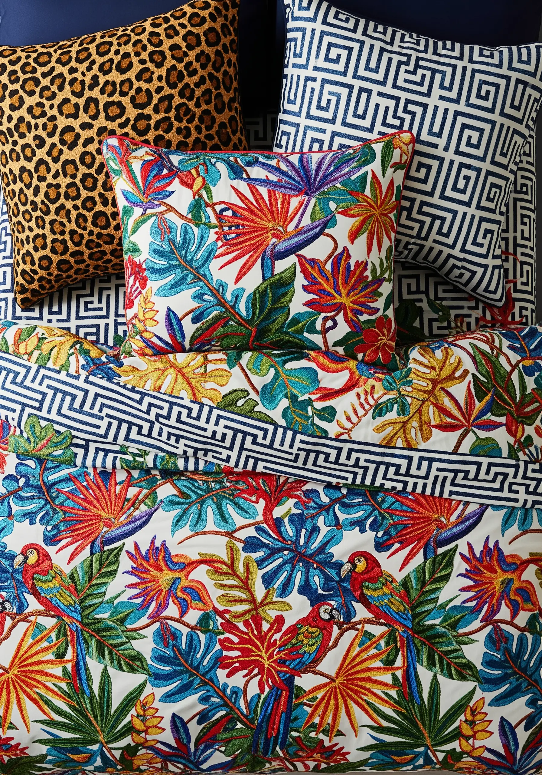 Vibrantly embroidered tropical bedding with parrots, leaves, leopard print, and geometric patterns.