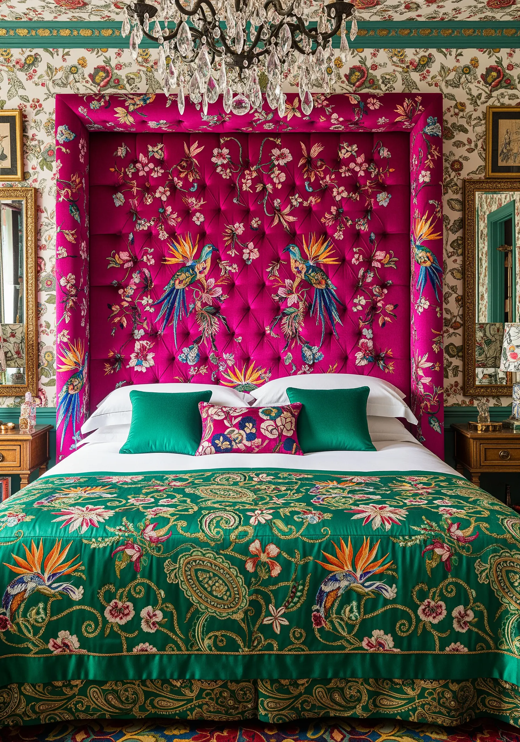 A maximalist magenta headboard covered in detailed Chinoiserie embroidery of birds and florals.
