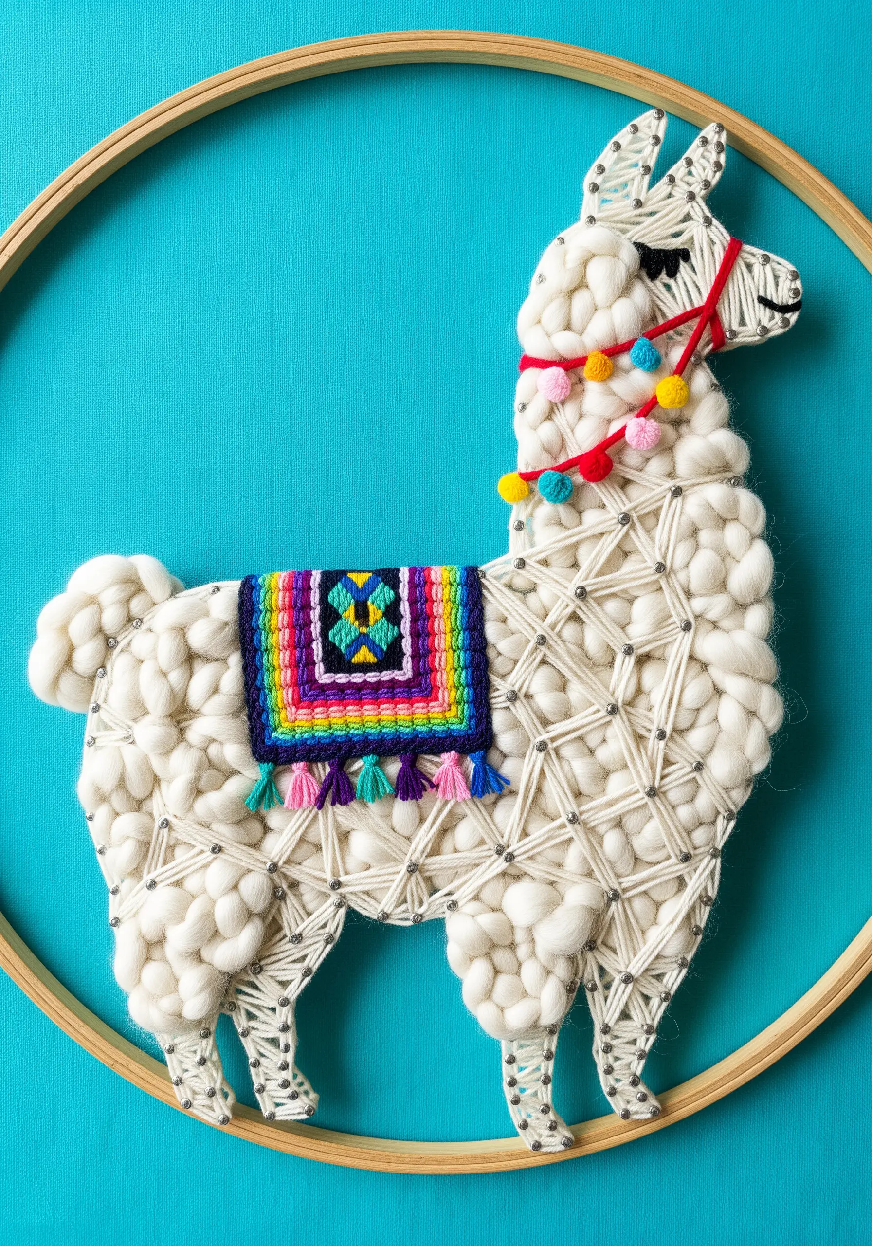 Textured llama embroidery using chunky white yarn, with a colorful saddle and pom-poms.