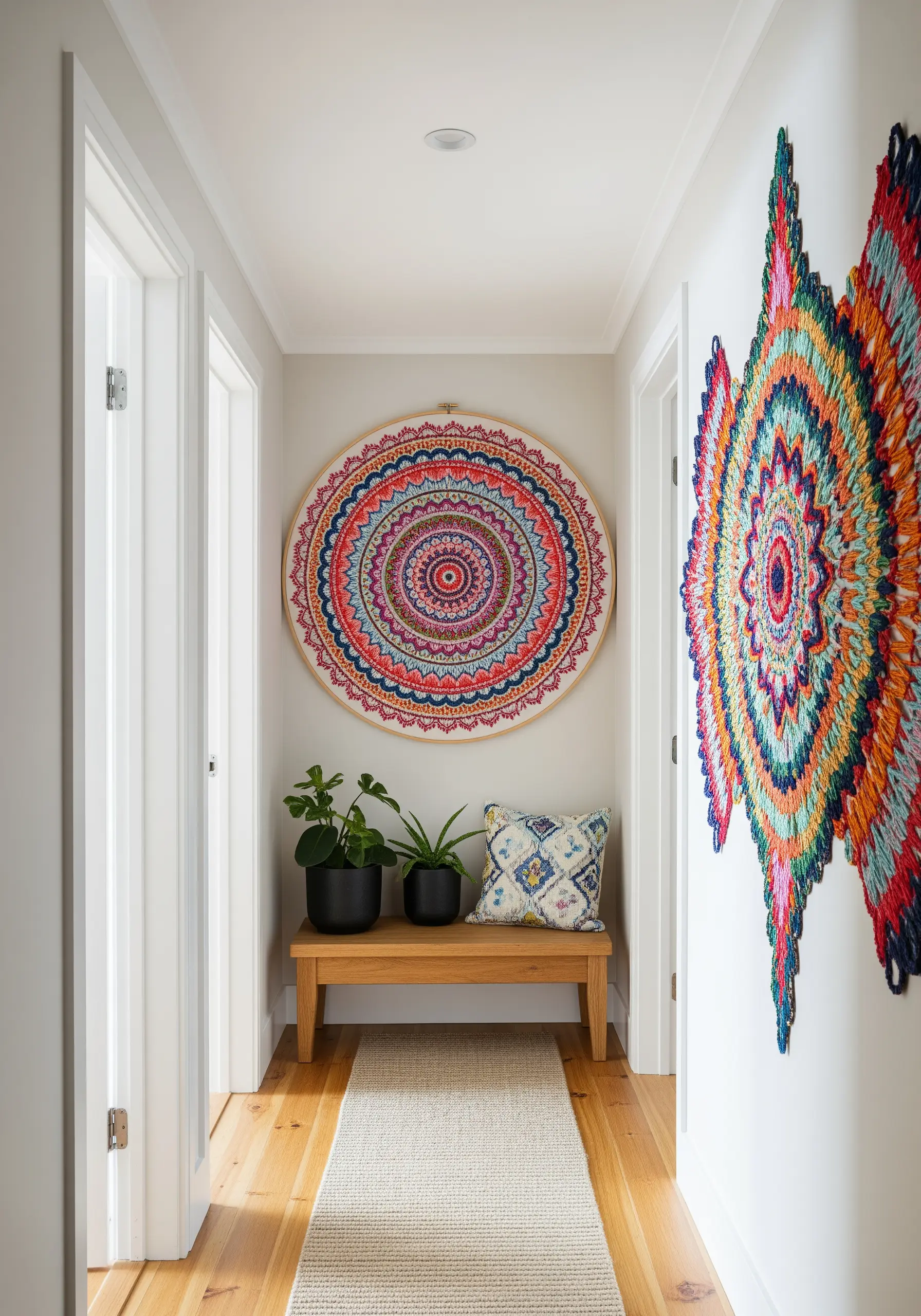 A large, intricate, and colorful mandala embroidery hoop hanging in a narrow hallway.