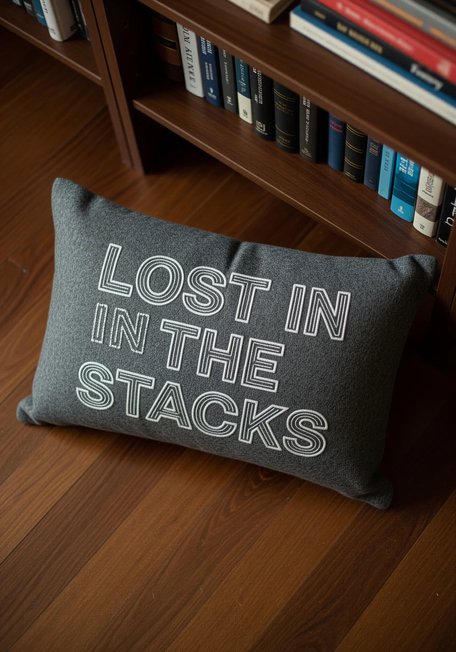 White split stitch lettering with a double outline on a dark gray felt pillow.
