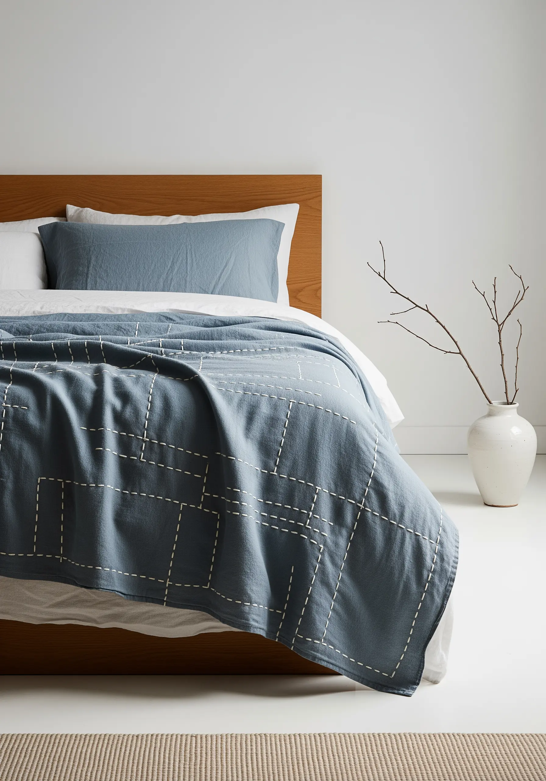 A blue-gray blanket with a grid pattern stitched in a contrasting off-white running stitch.