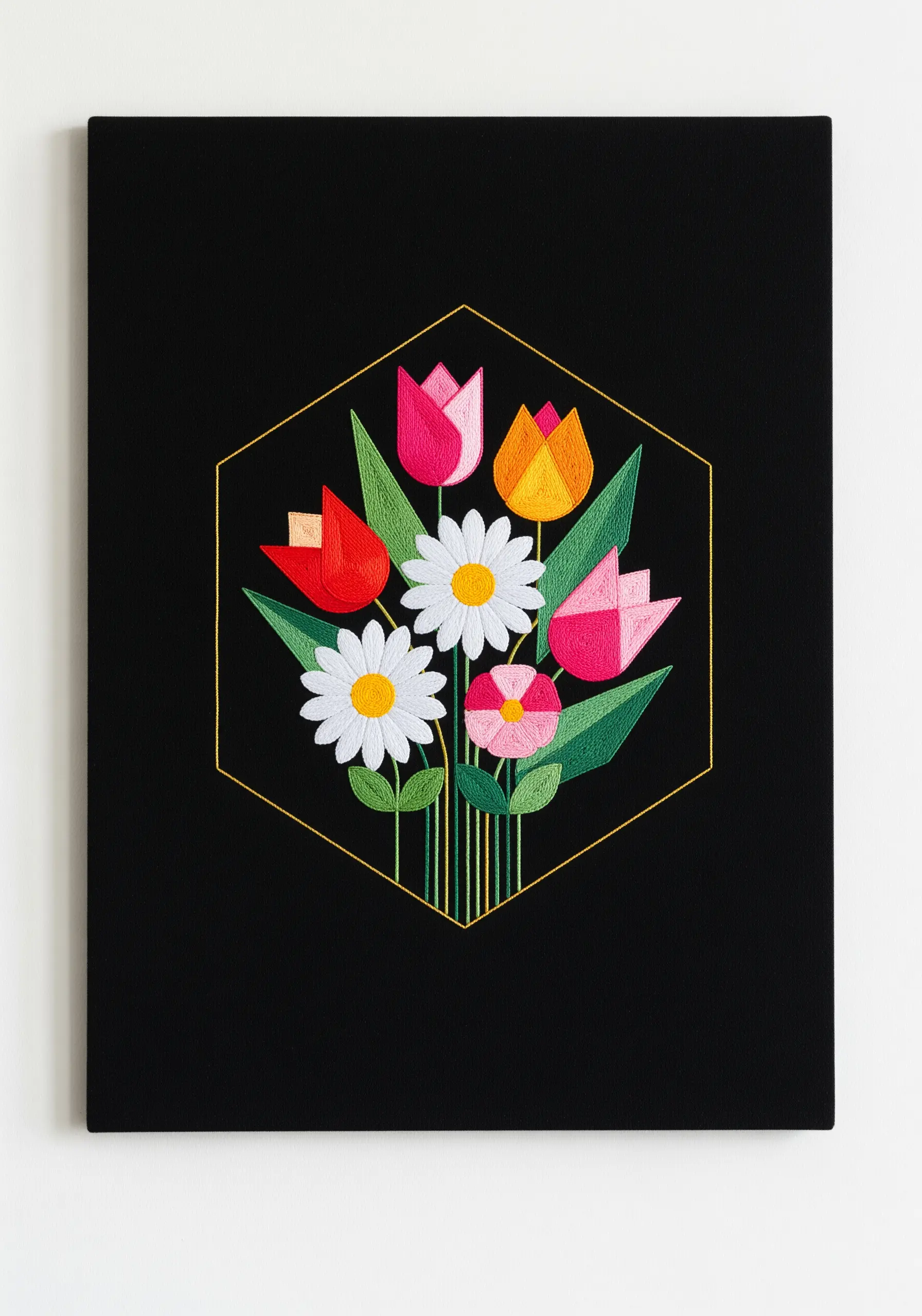 A modern, geometric bouquet of embroidered flowers with sharp lines and color blocking on black canvas.