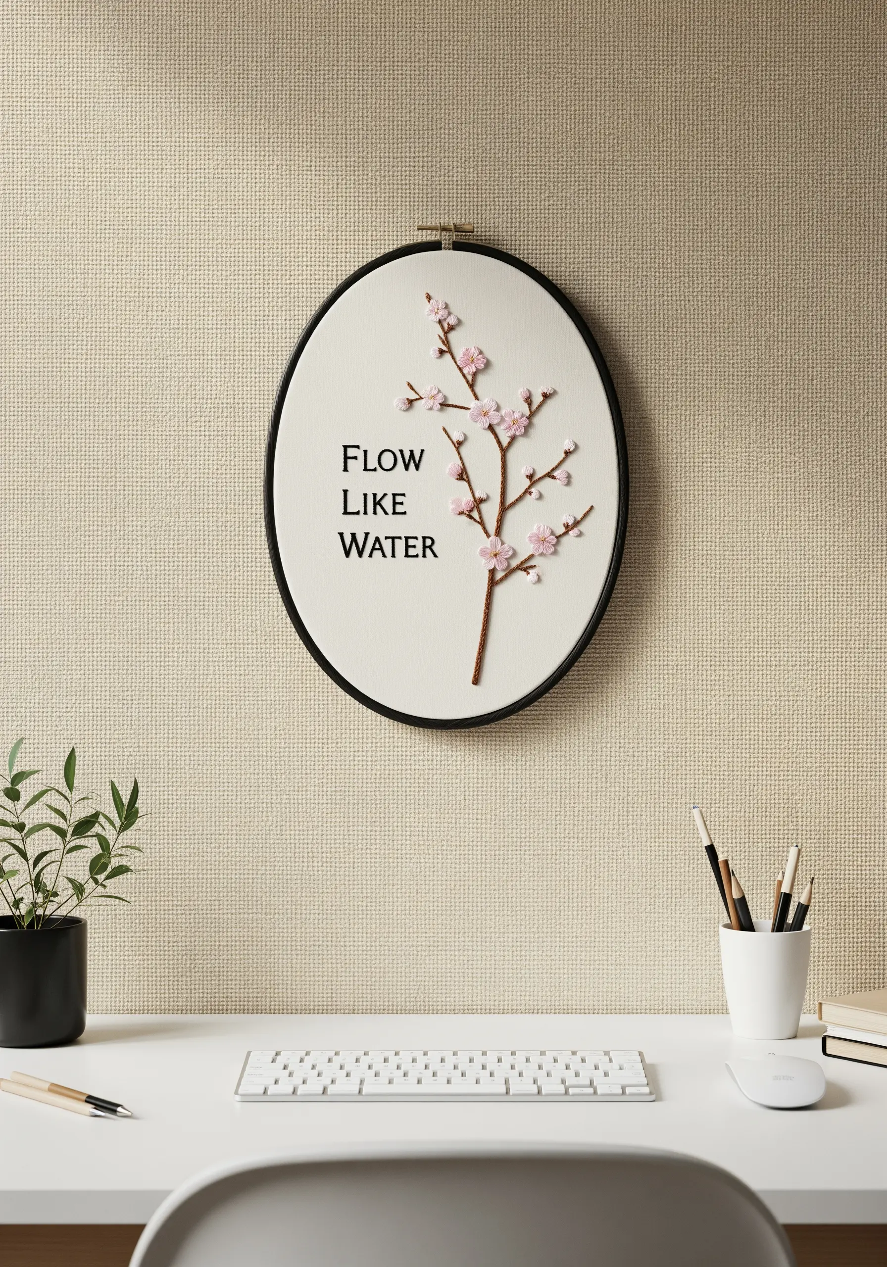Minimalist embroidery of a single cherry blossom branch in an oval hoop.