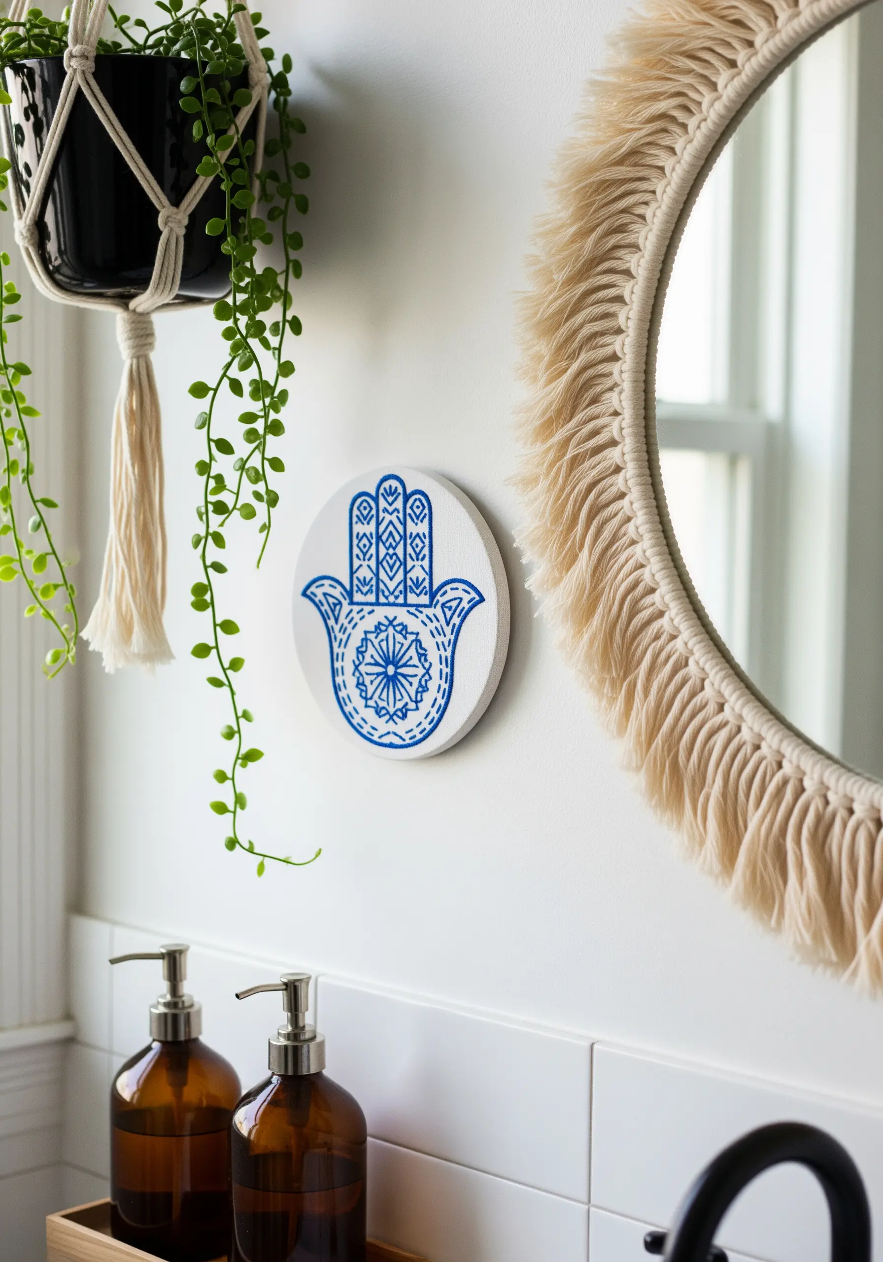 A Hamsa hand embroidered in blue thread on a small, circular white canvas.