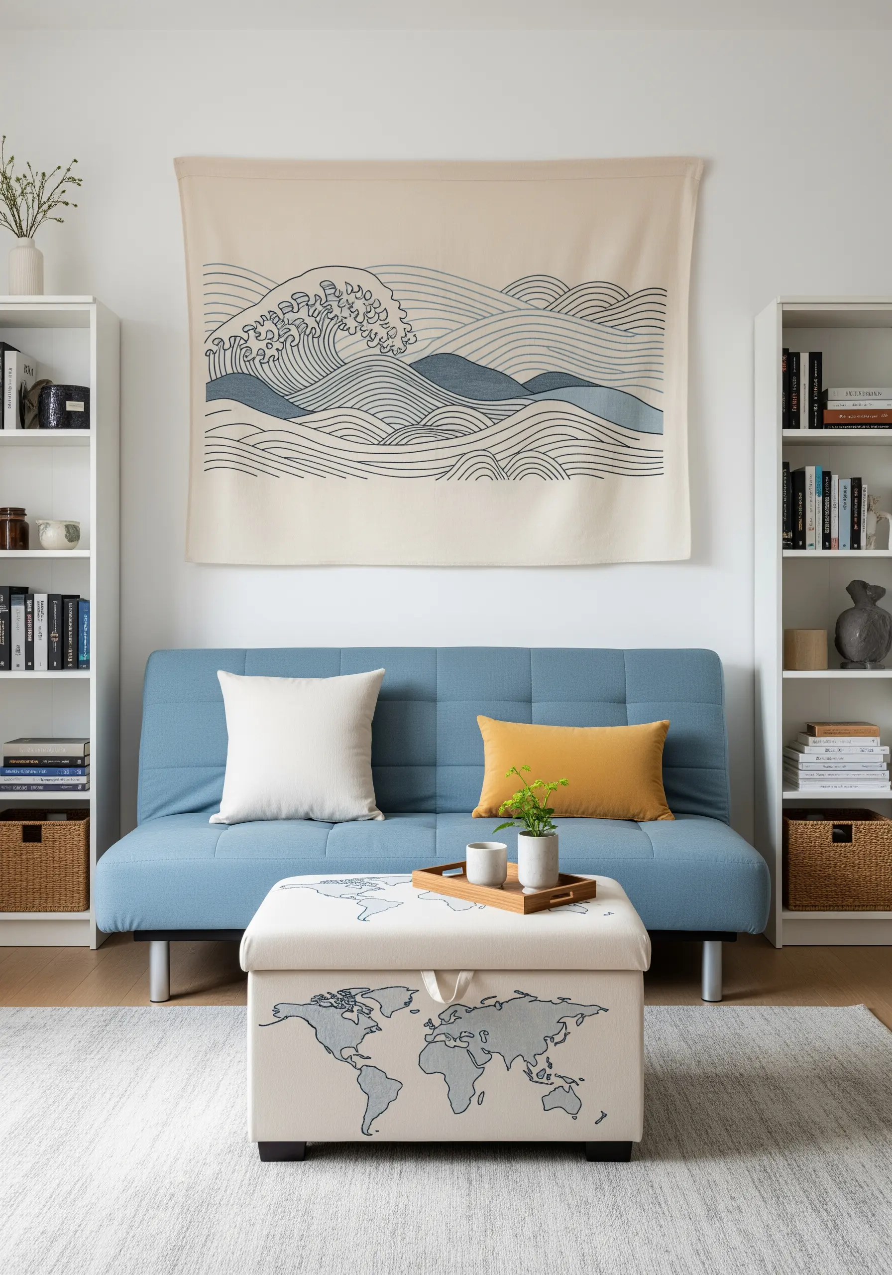 A large fabric wall hanging featuring a minimalist line art drawing of ocean waves.