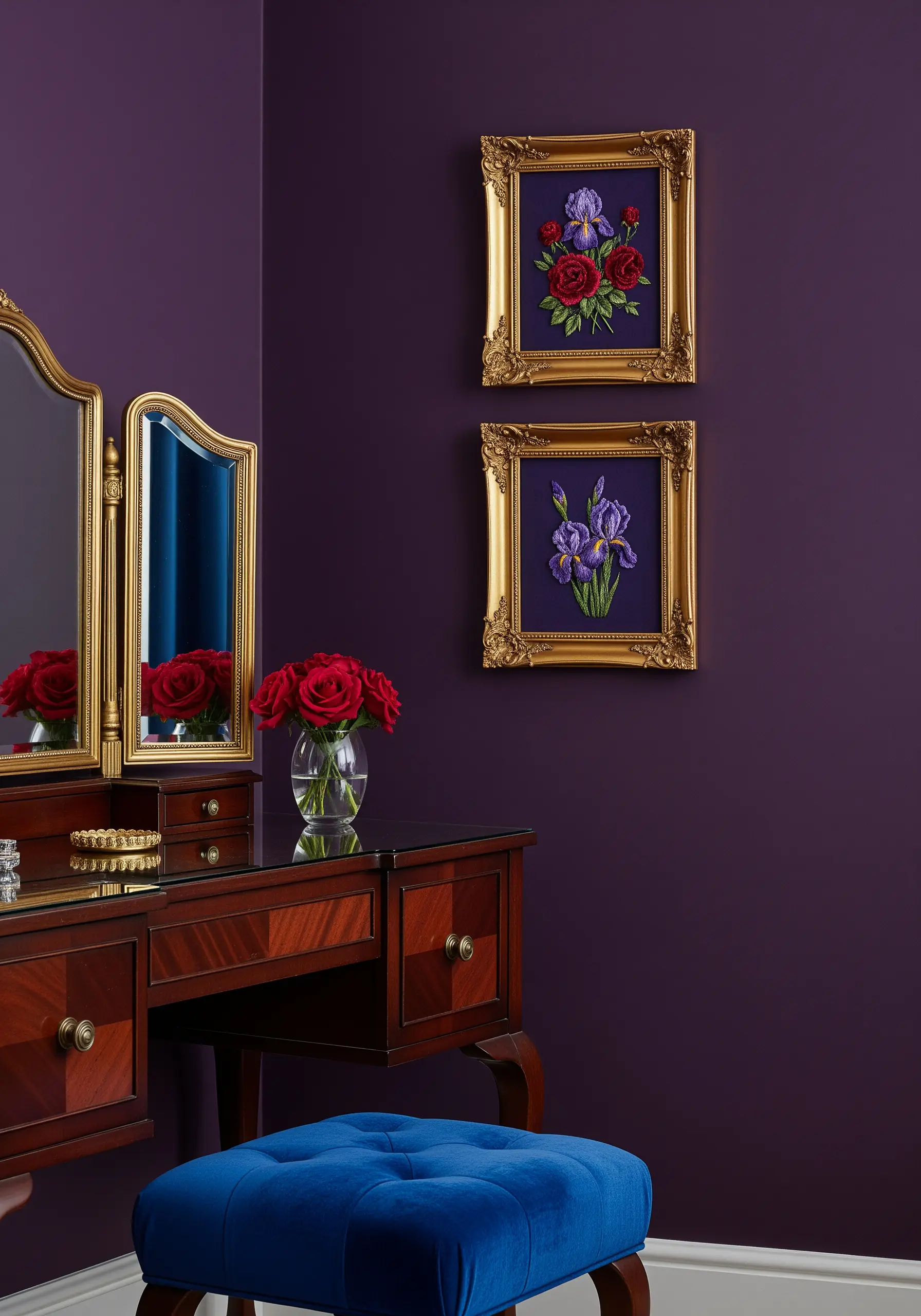 Two floral embroideries in ornate gold frames against a deep purple wall.