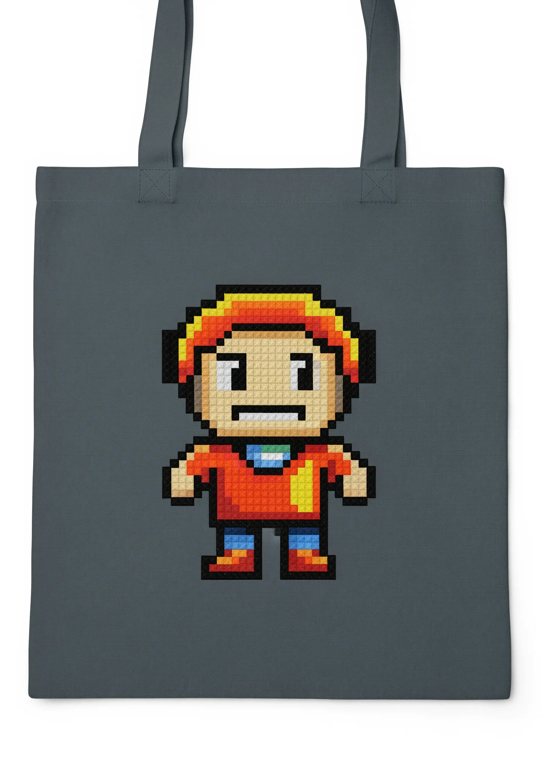 A pixel art character created with cross-stitch on a grey tote bag.