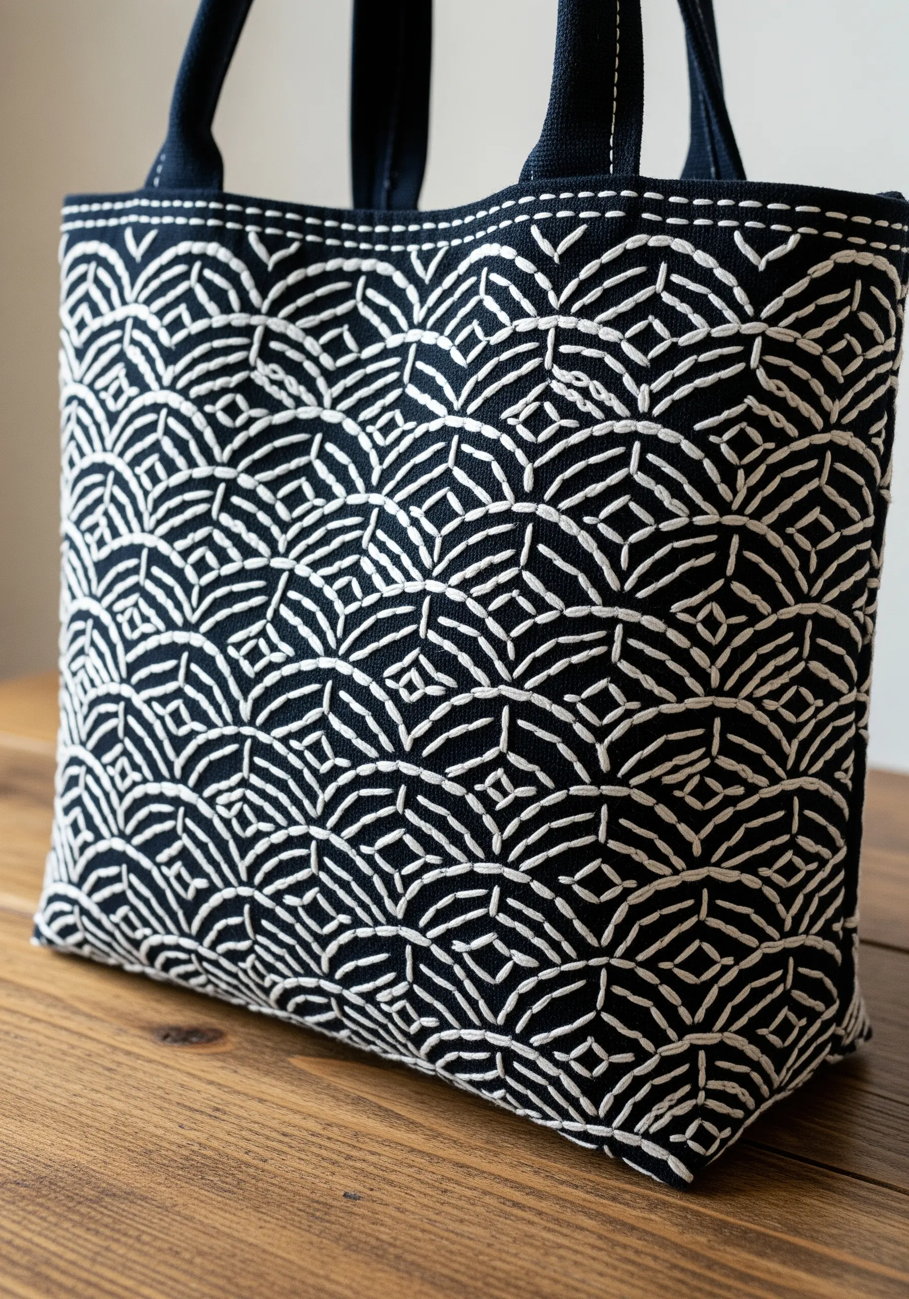 A detailed close-up of a traditional Japanese Seigaiha wave pattern in white on a navy tote.