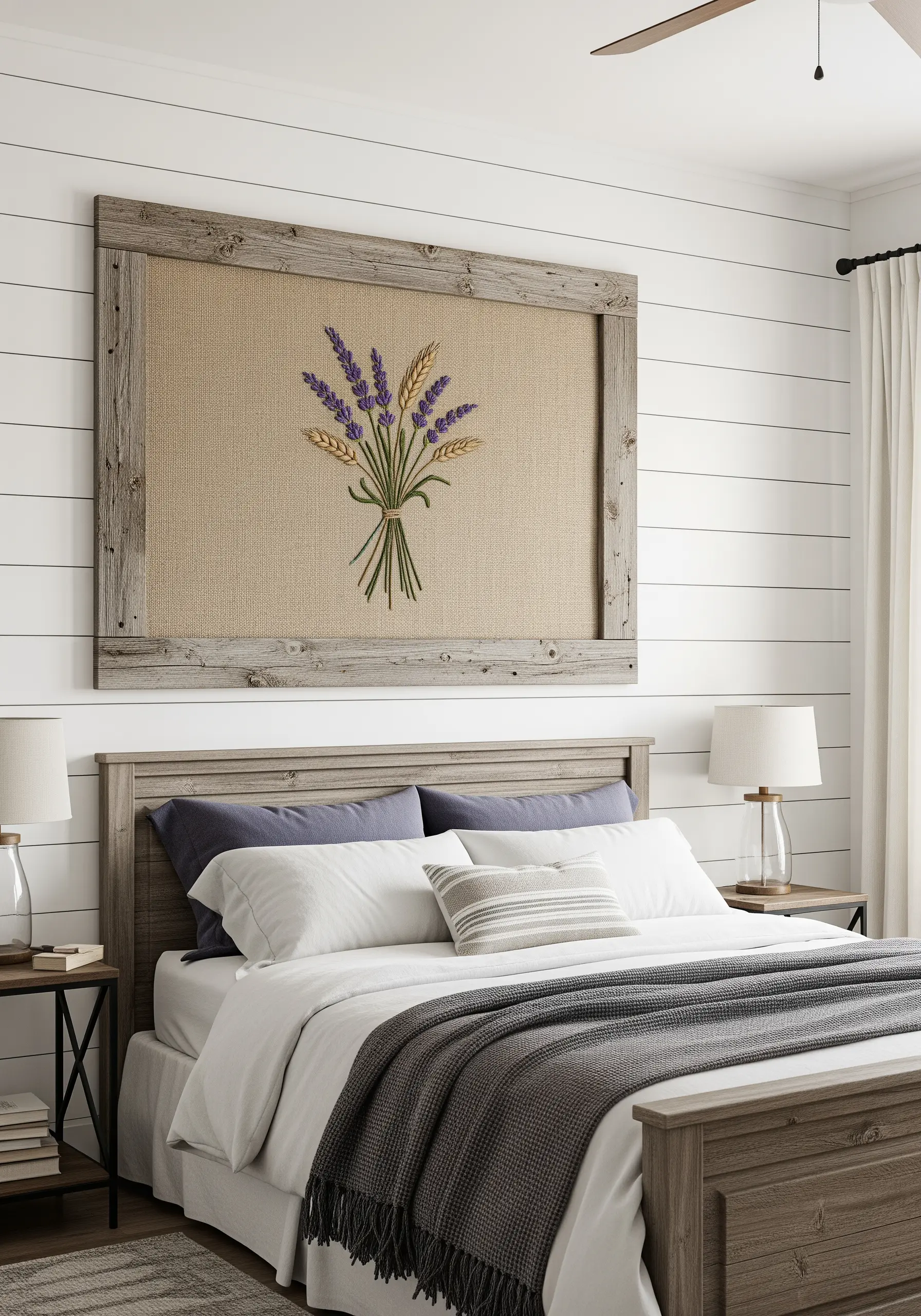 A simple embroidered bouquet of lavender and wheat on burlap, set in a rustic wood frame.