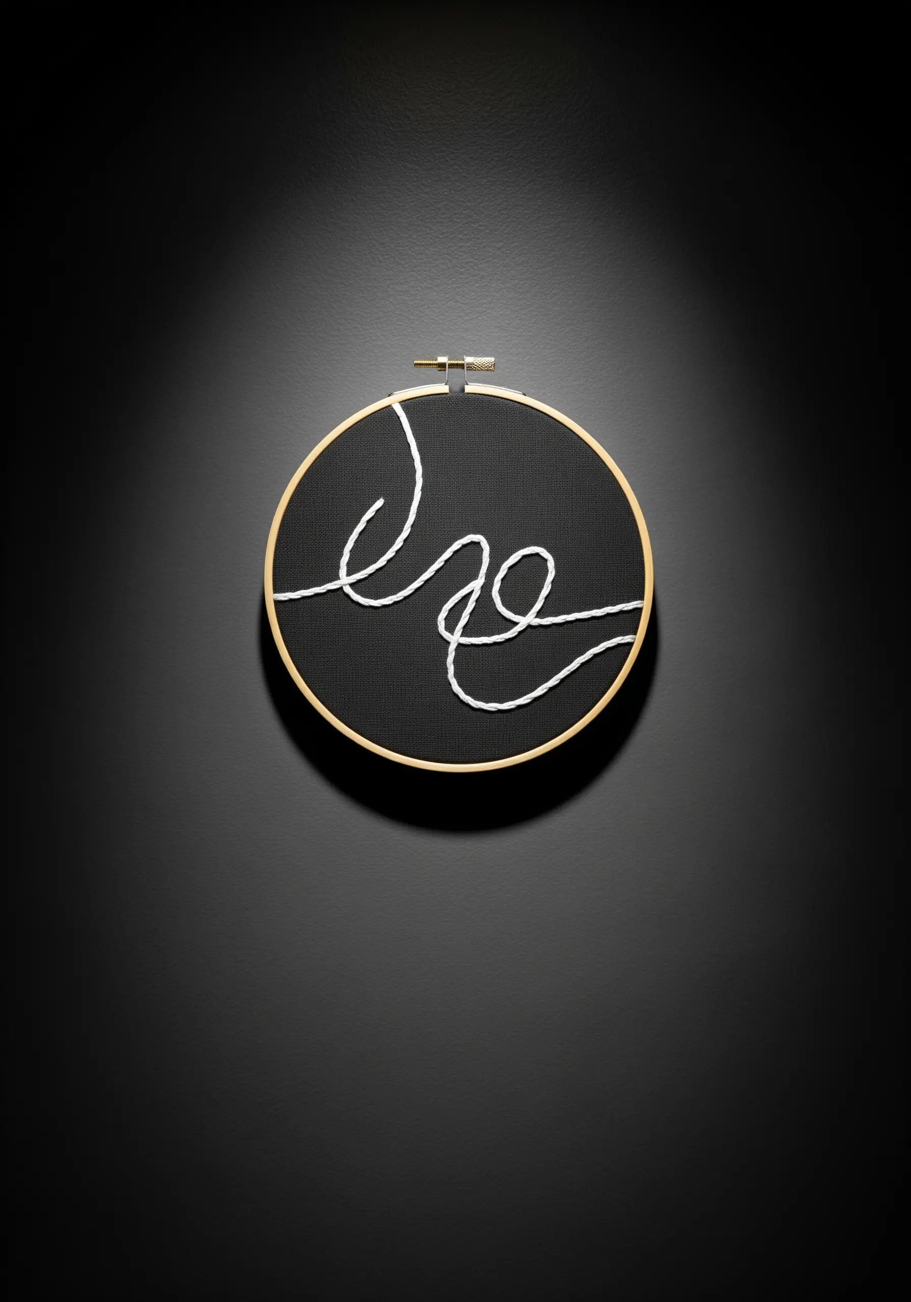 A single, thick white thread stitched in an abstract squiggle on black fabric.