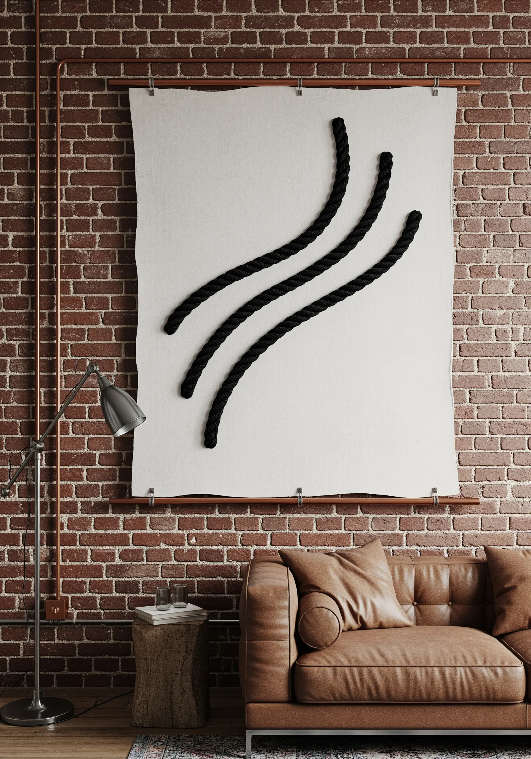 A large canvas on a brick wall featuring three thick, black, wavy ropes stitched onto it.