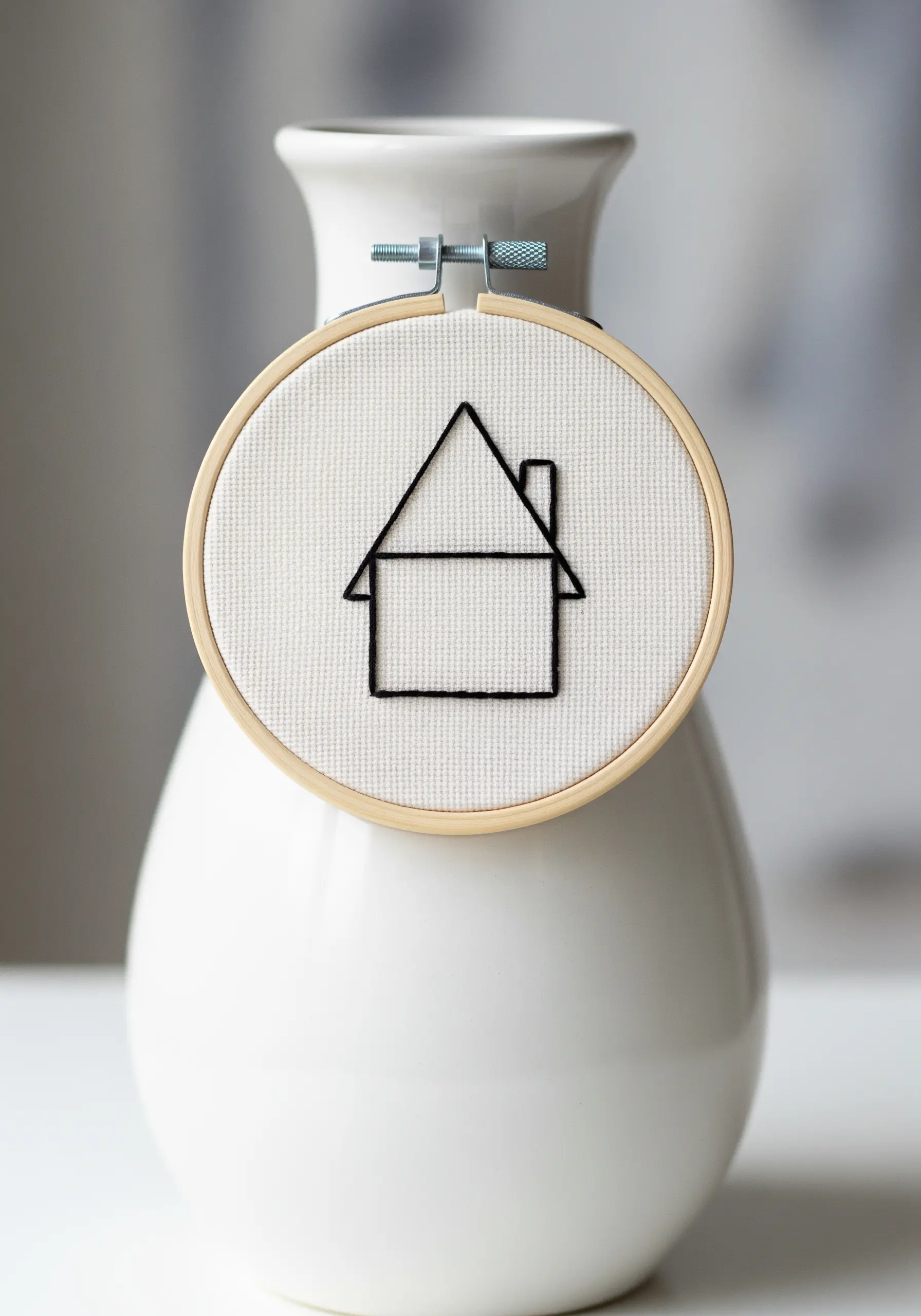 A minimalist house outline stitched in black thread on white Aida cloth.
