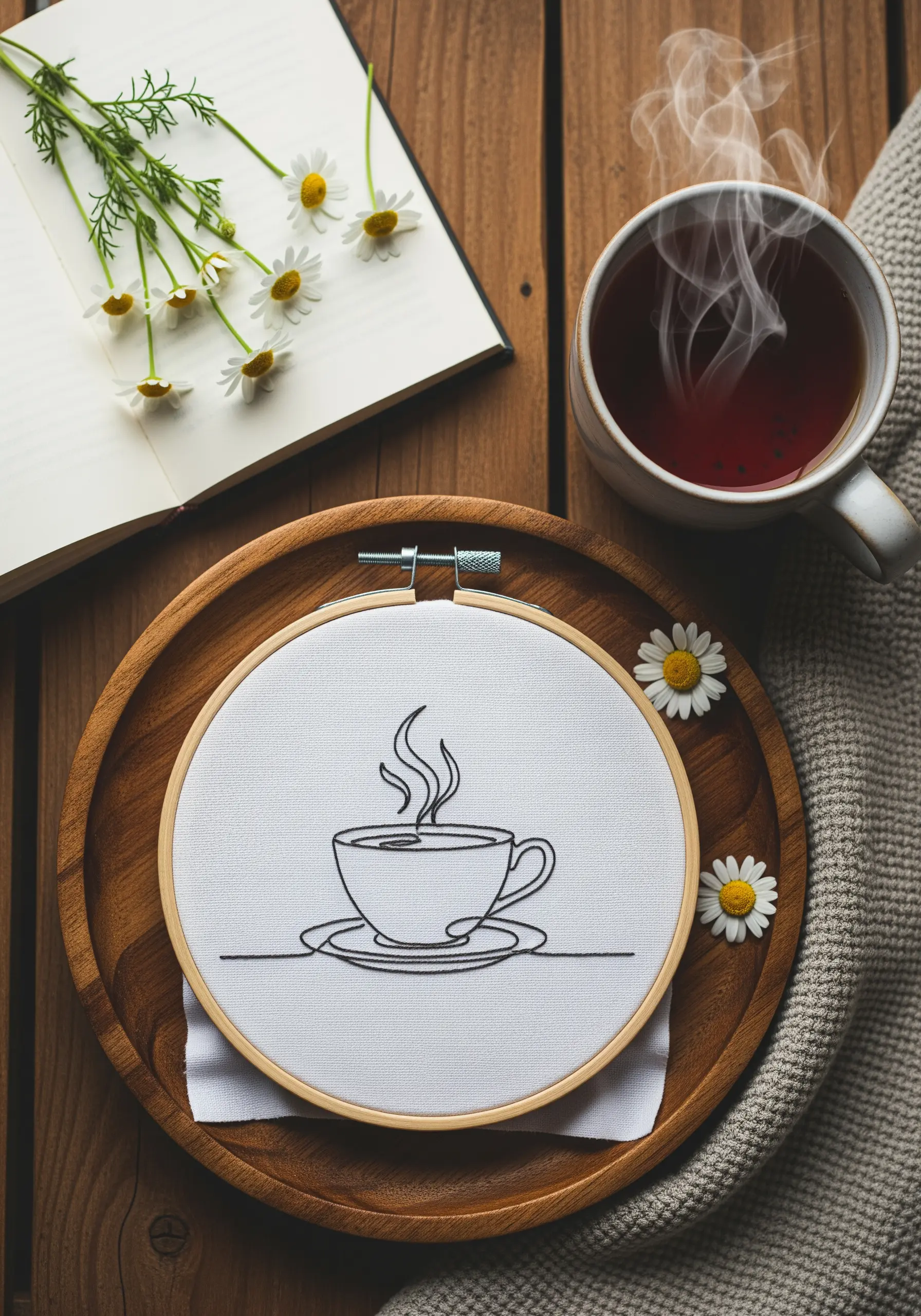 A single continuous black line embroidered on white fabric to form a steaming coffee cup.