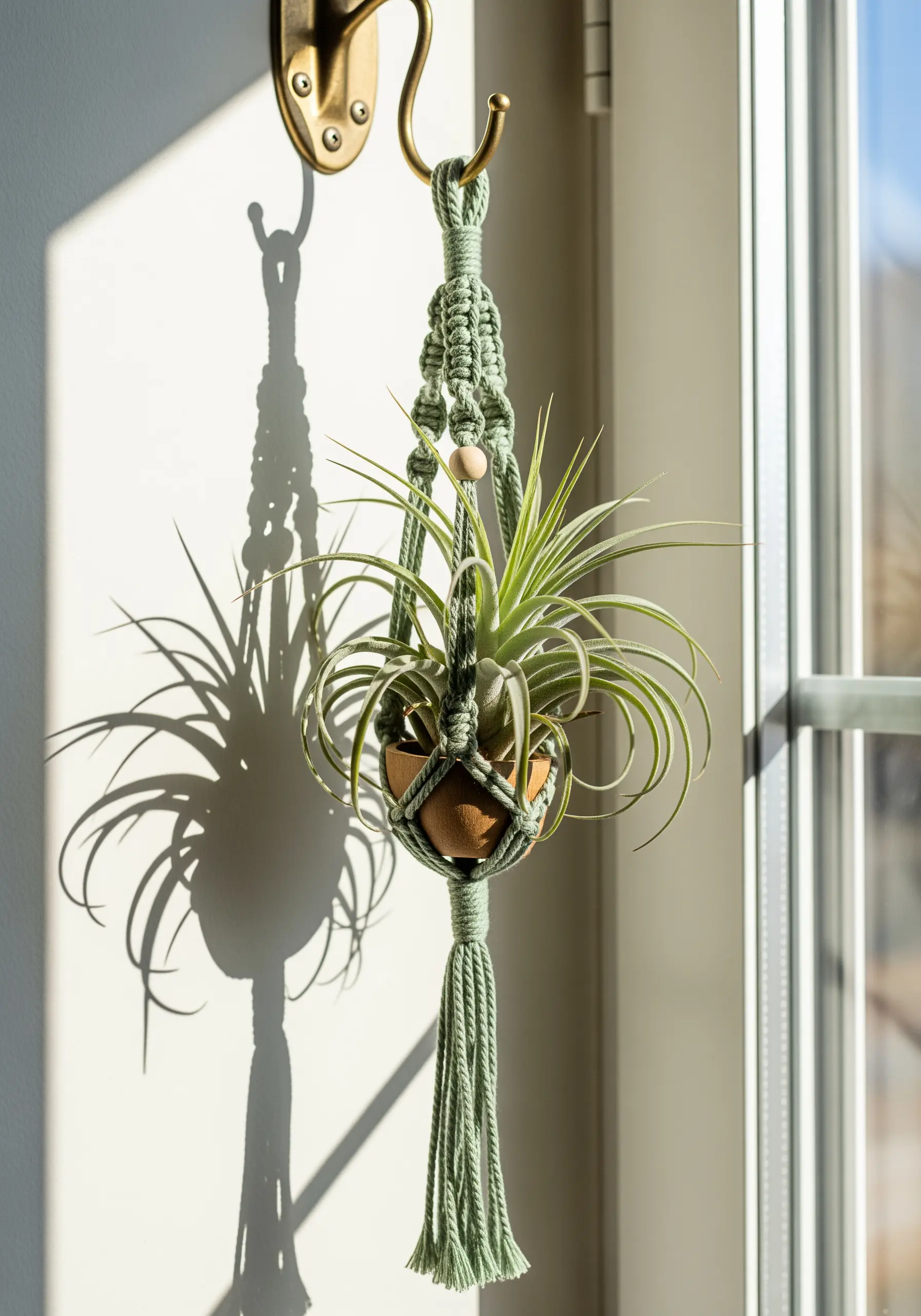 A small green macrame hanger holding an air plant, casting a shadow.