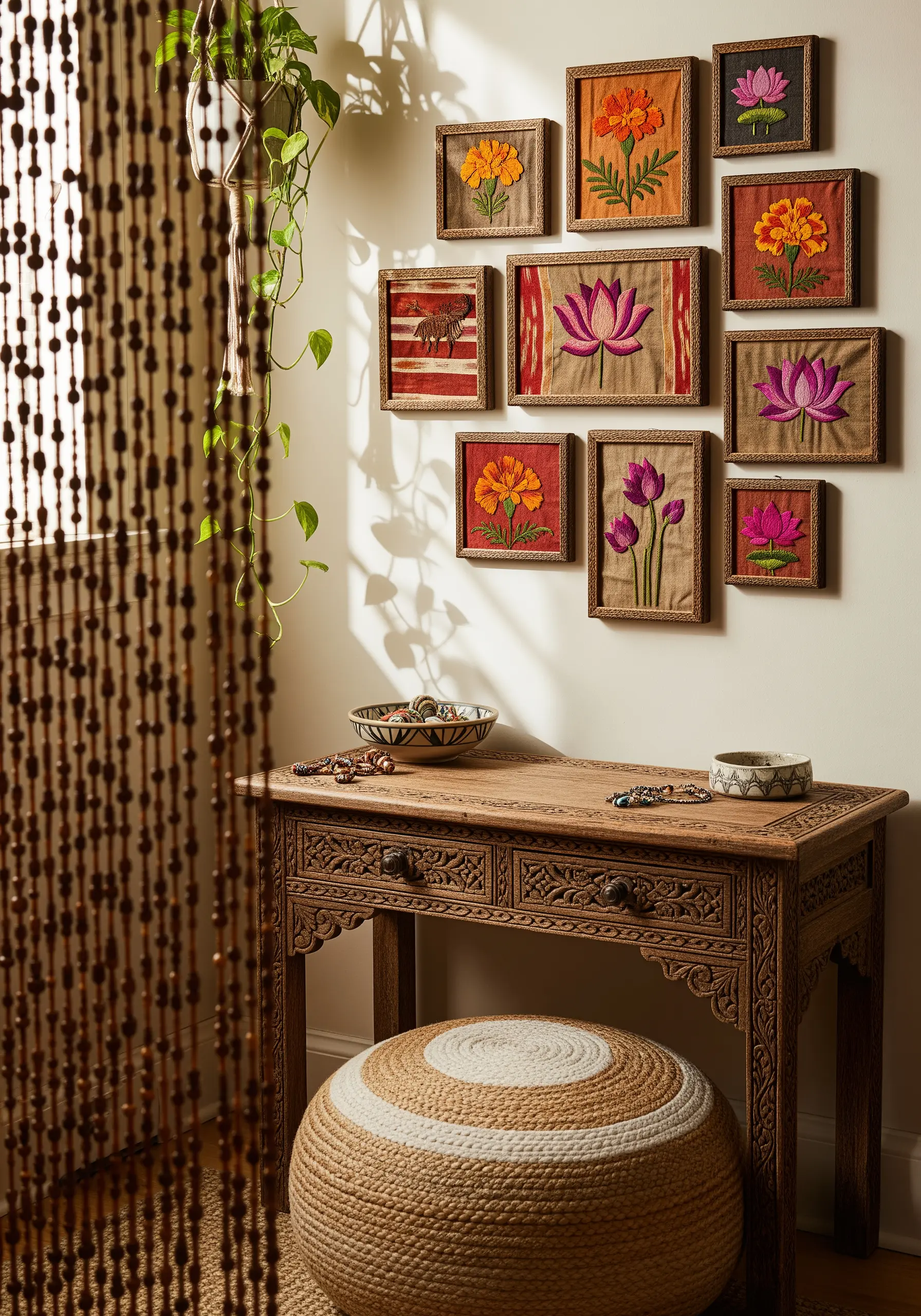 A gallery wall of floral embroideries on textured, earth-toned fabrics like burlap.
