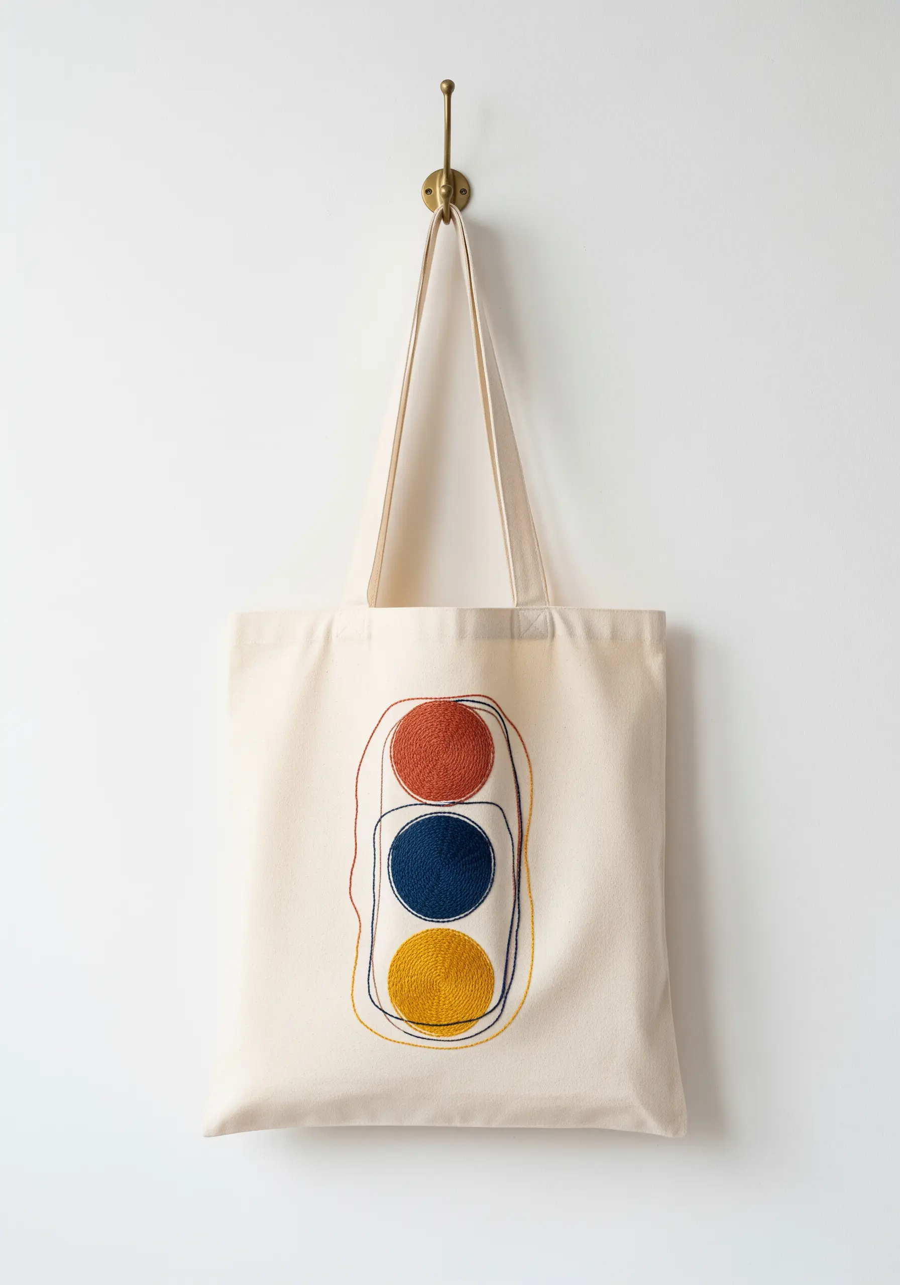 Abstract traffic light motif on a tote bag using satin stitch and freeform outlines.