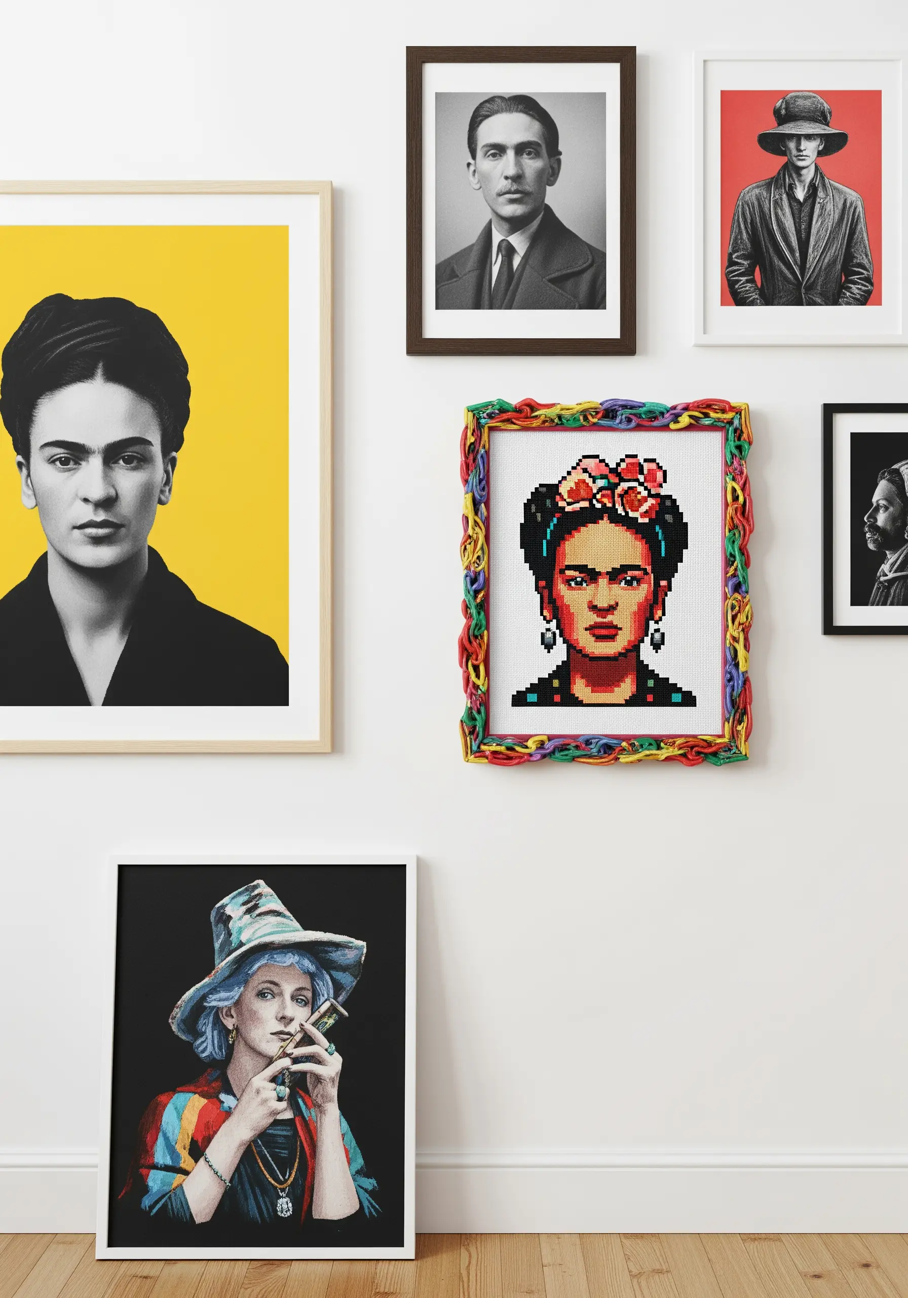 A pixel-art style cross-stitch portrait of Frida Kahlo in a colorful, playful frame.