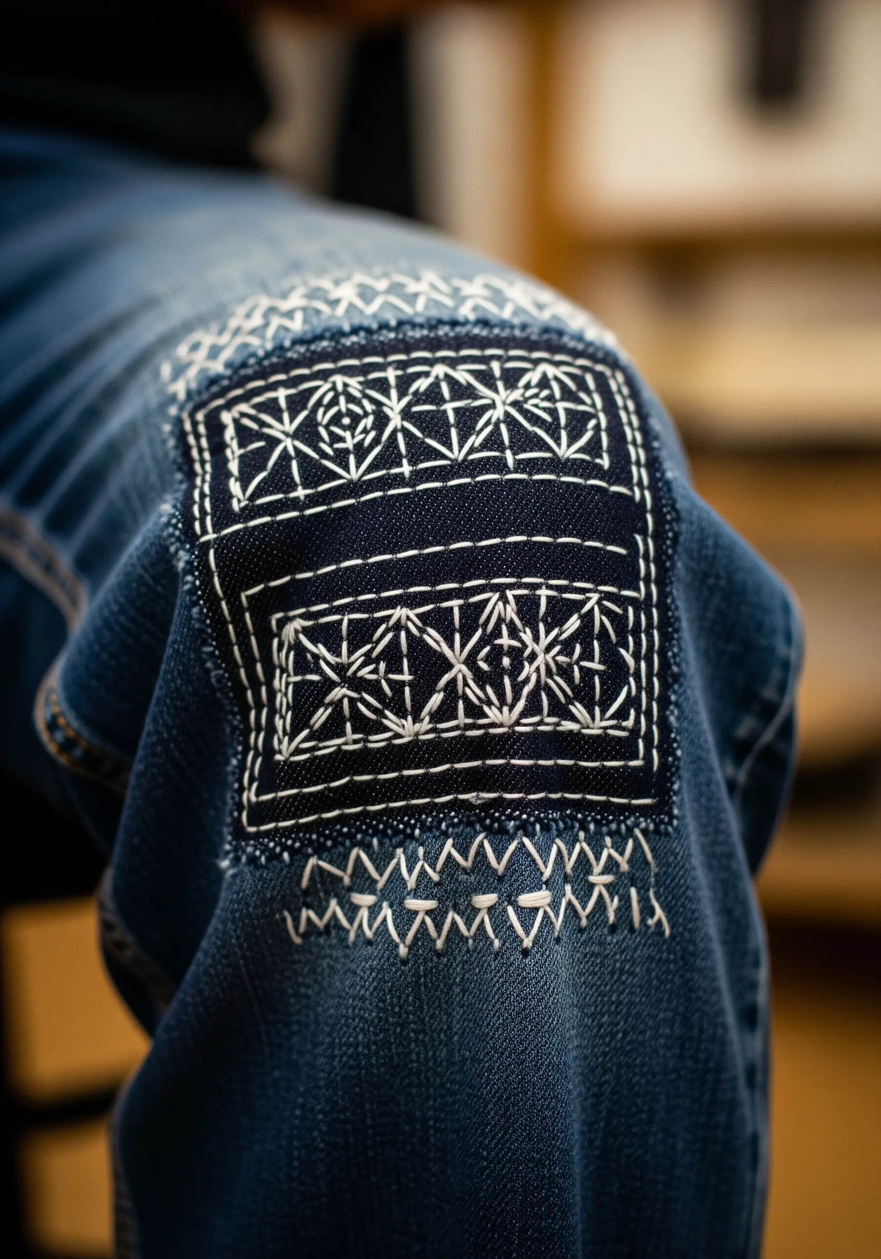 Sashiko-style geometric stitching on a dark denim patch on jeans.