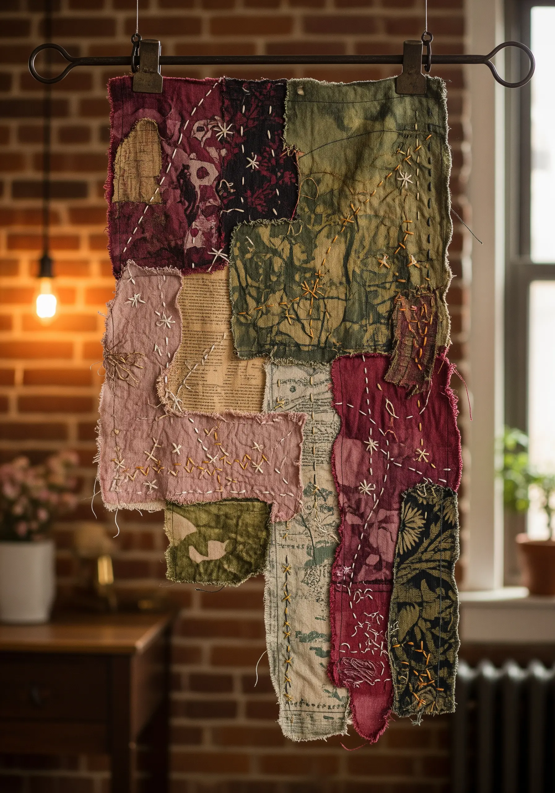 A hanging textile made of layered, stitched-together fabric scraps in a rustic boro style.