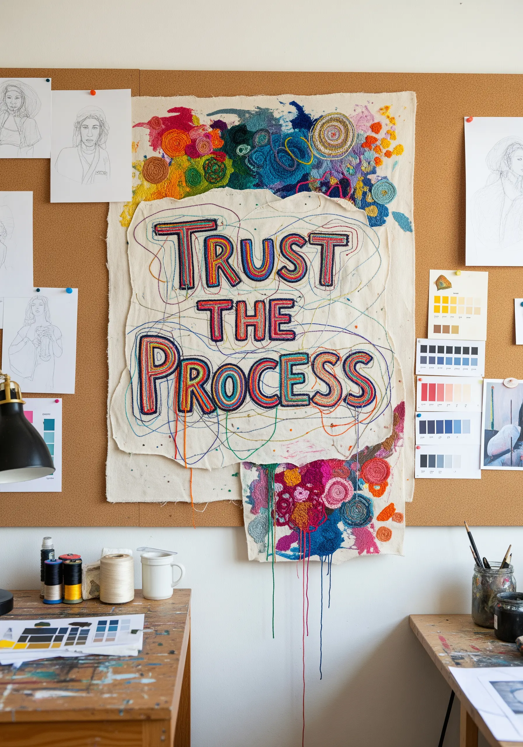 A large, expressive embroidery piece with a quote, featuring loose threads and abstract stitch textures.