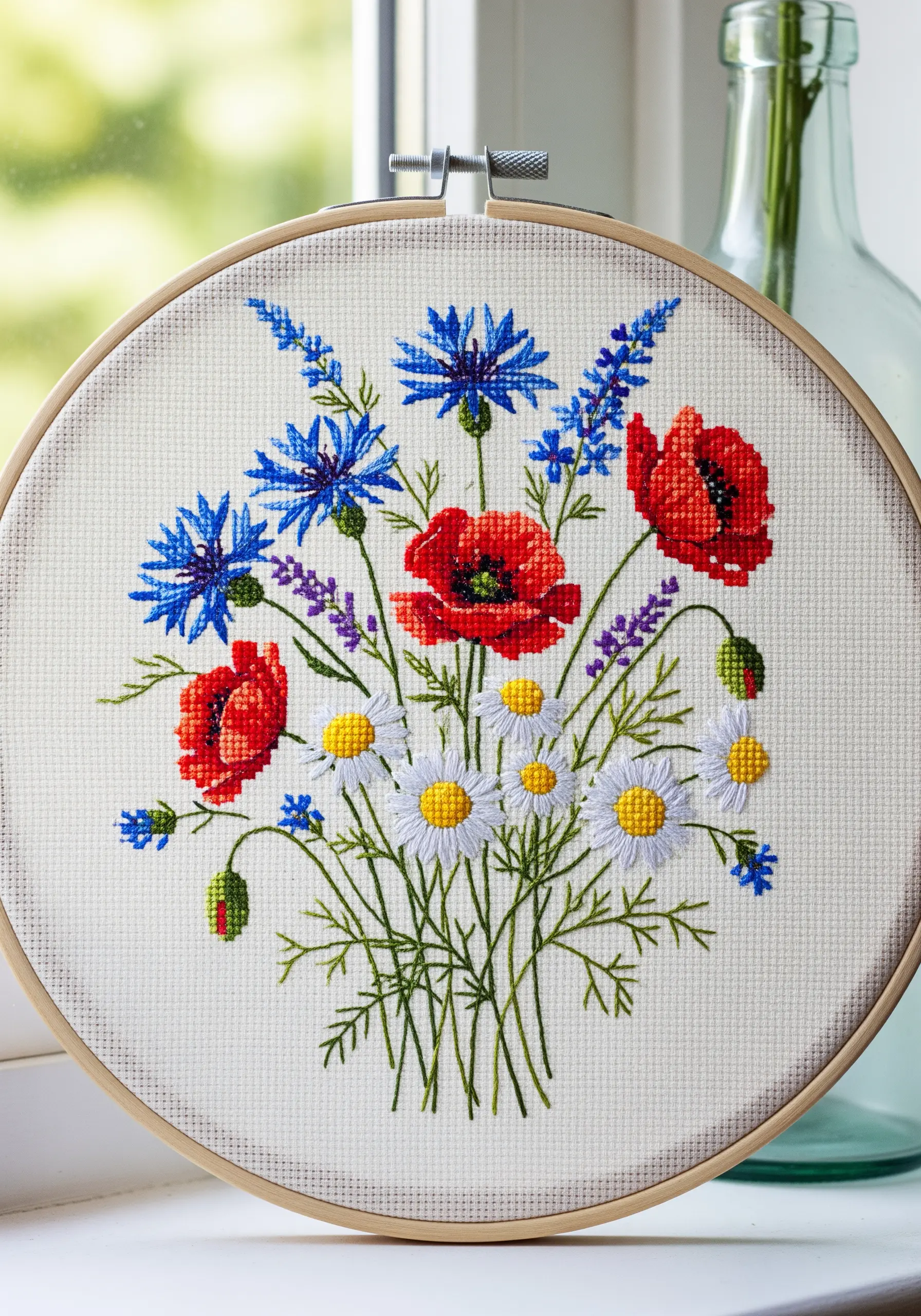 A colorful cross-stitch bouquet of poppies, cornflowers, and daisies in a hoop.