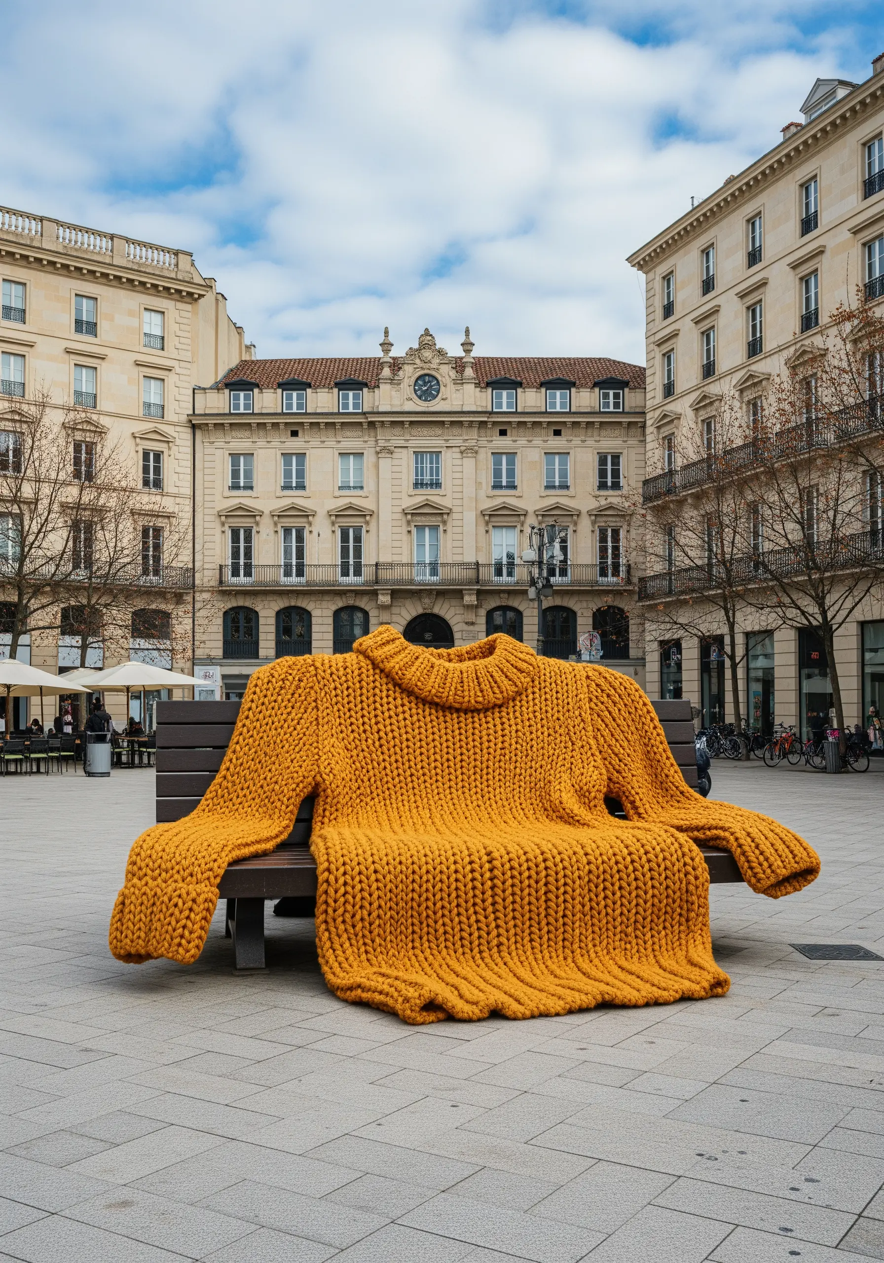 A giant, chunky-knit mustard yellow sweater draped over a public bench in a city square.
