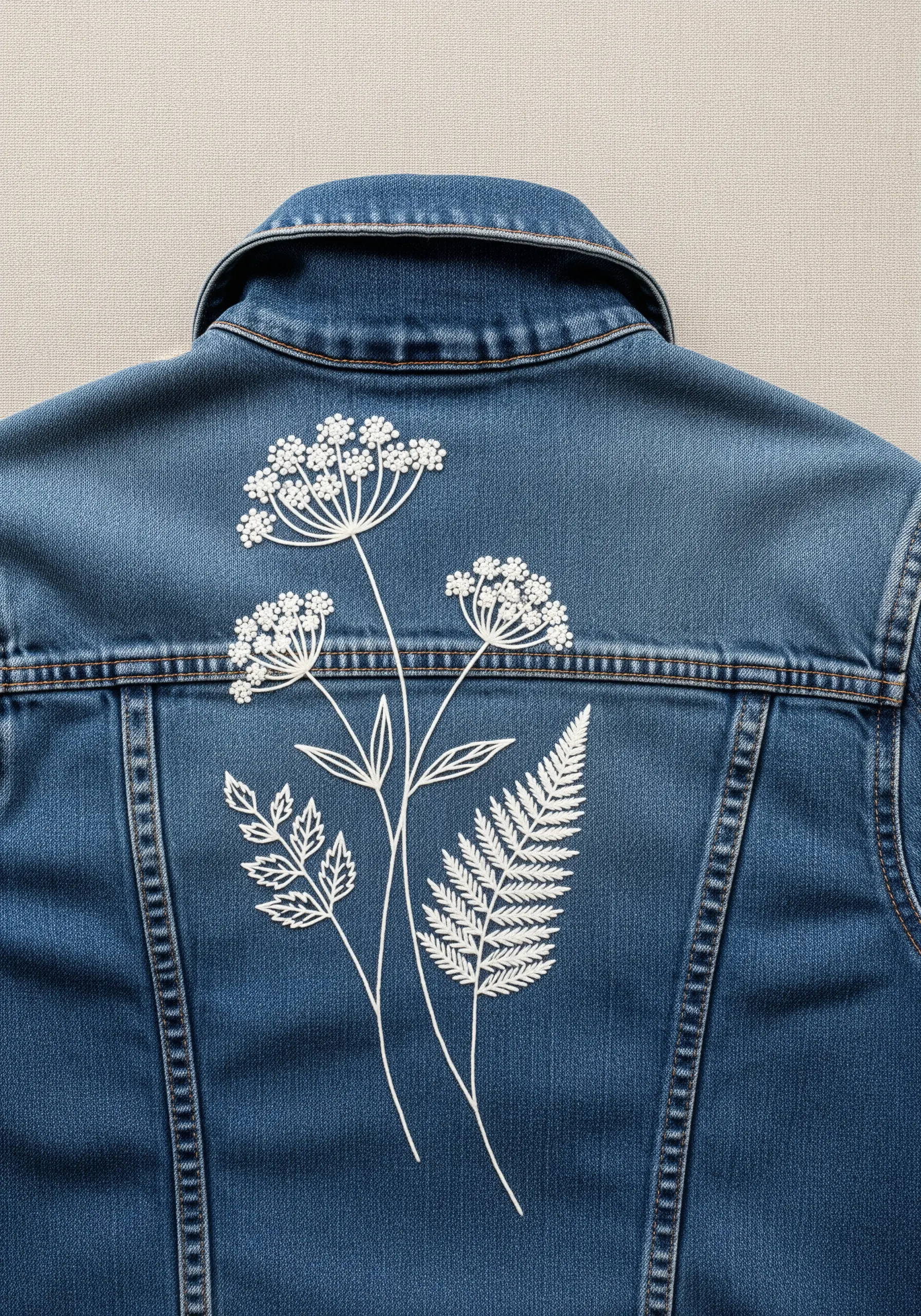 Minimalist white line art of Queen Anne's lace and fern on a denim jacket.