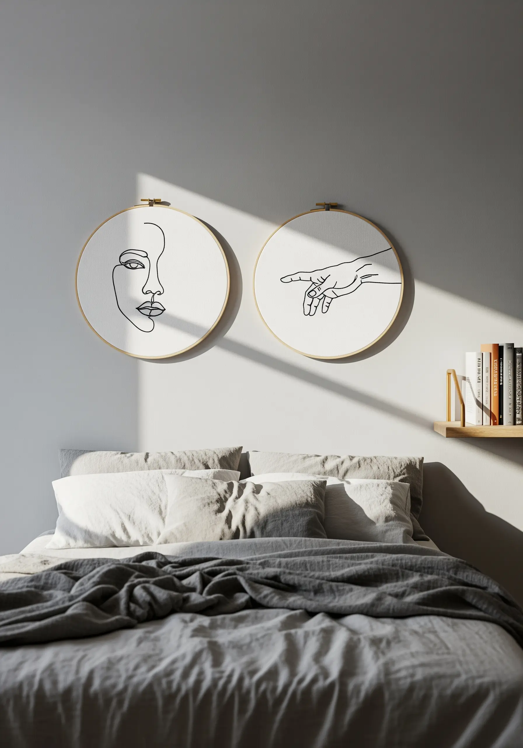 Two hoops with continuous line-art portraits: a woman's face and a hand.
