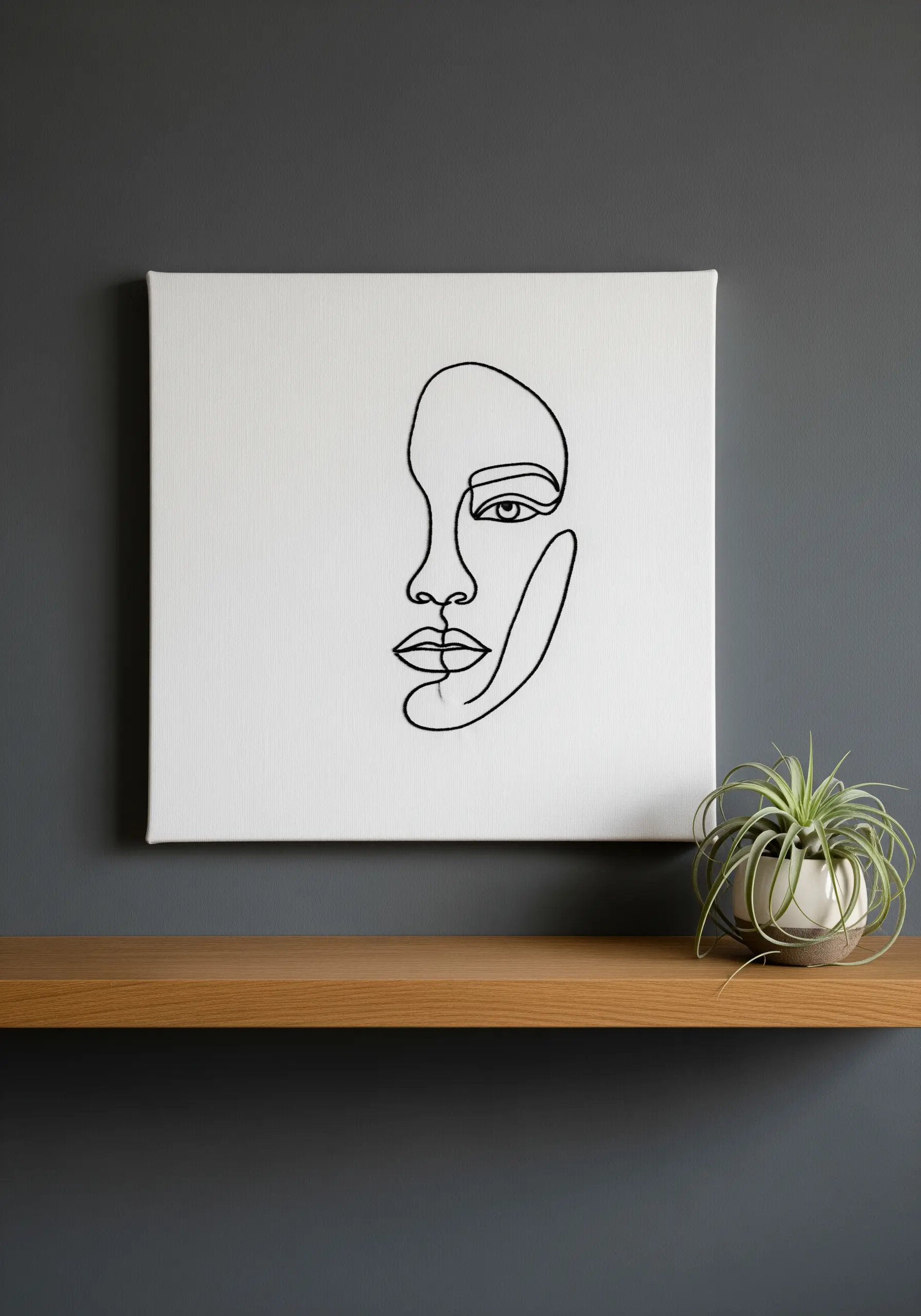 A minimalist continuous line art portrait of a face stitched in black thread on a white canvas.