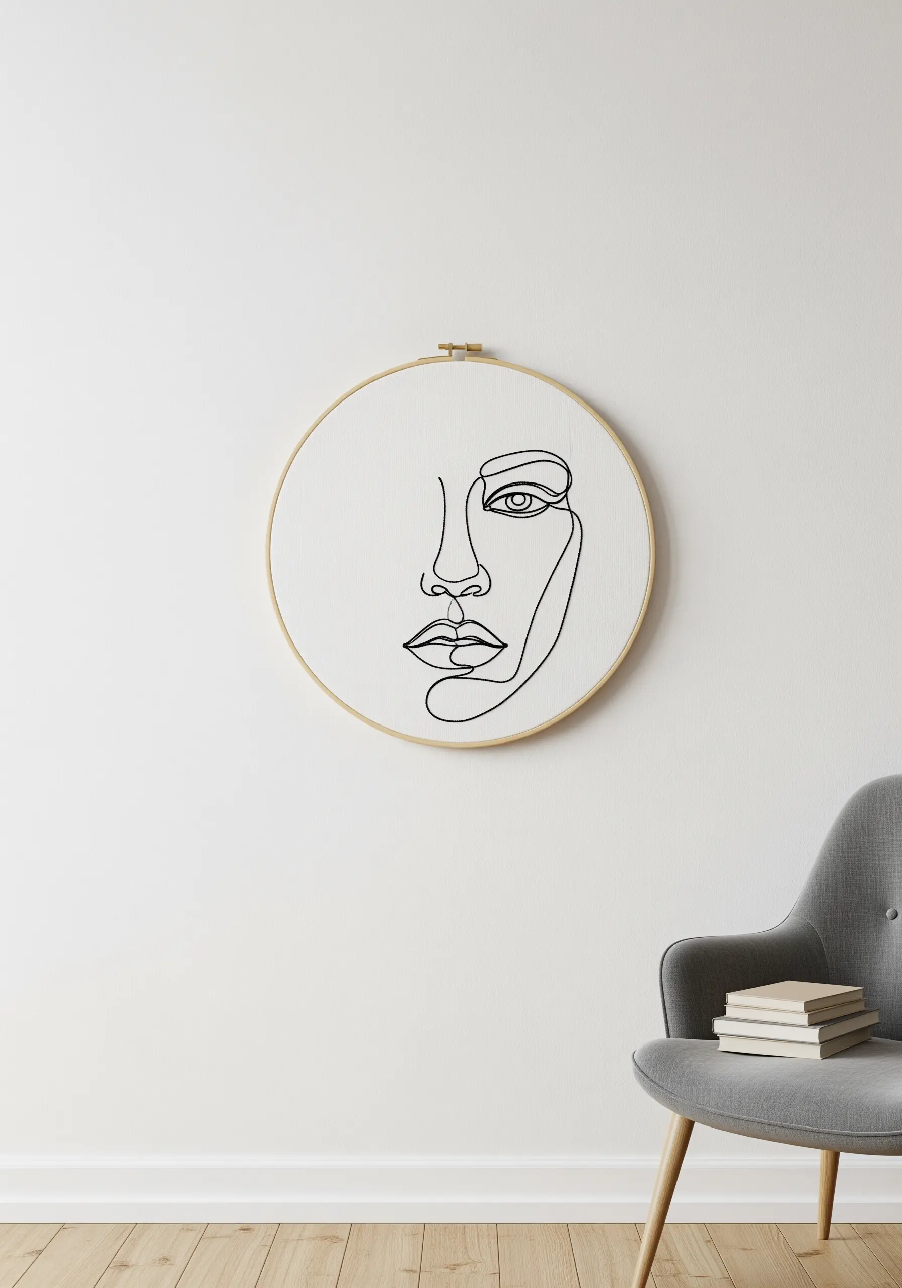 A single-line embroidered portrait of a face, placed off-center in a large hoop.
