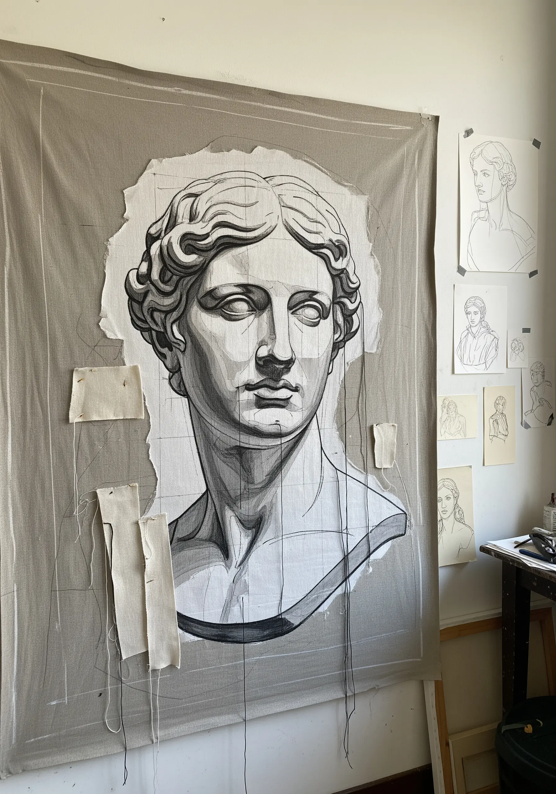 A large, unfinished embroidery of a classical bust on raw canvas, showing grid lines and pins.