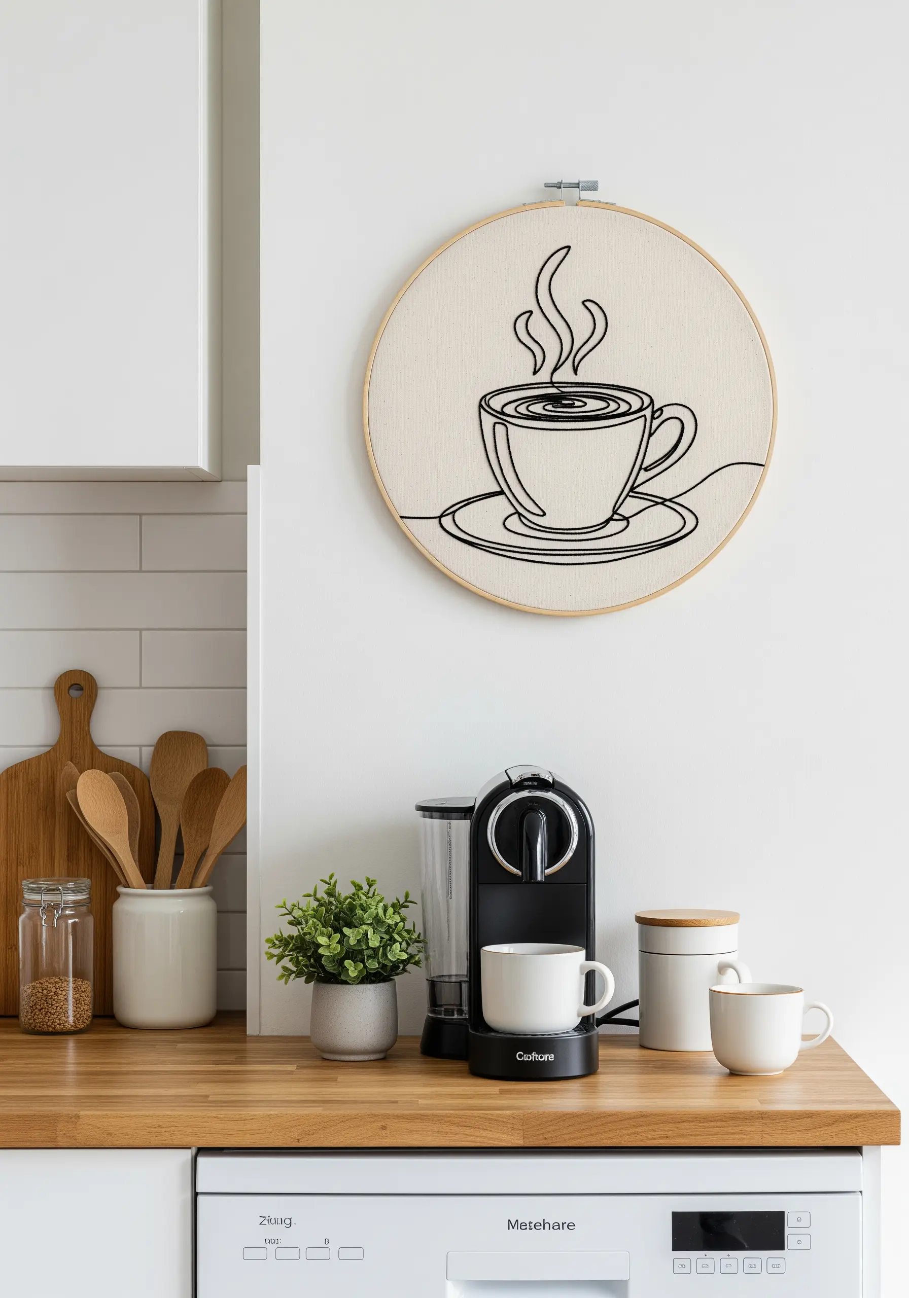 A single-line art embroidery of a steaming coffee cup on a kitchen wall.