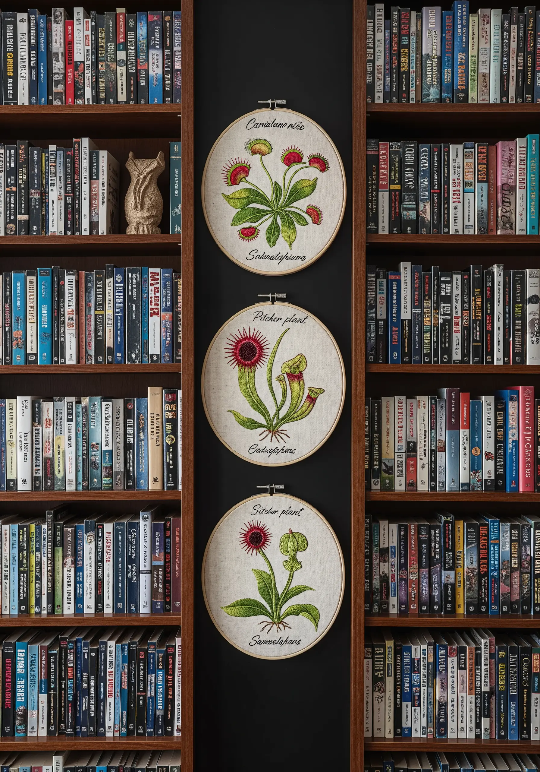 Three embroidery hoops with detailed botanical illustrations of carnivorous plants.