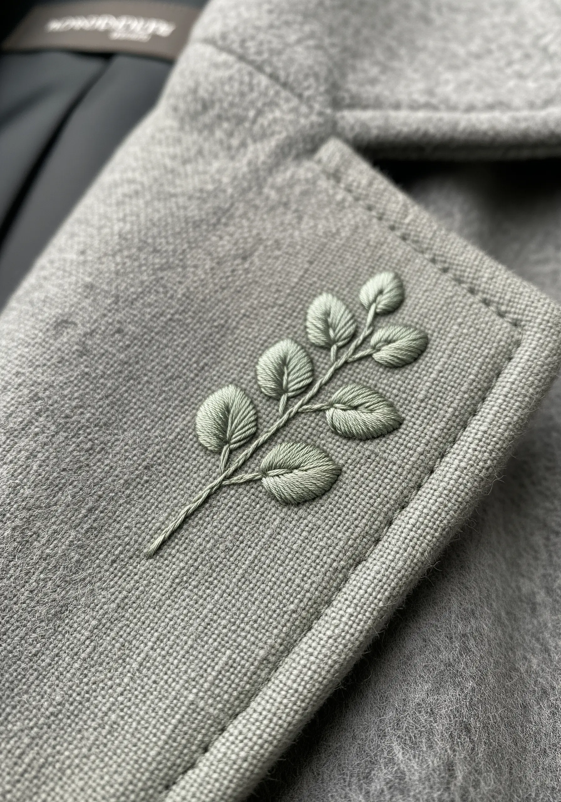 A leafy branch embroidered in a subtle sage green on the grey woolen lapel of a coat.