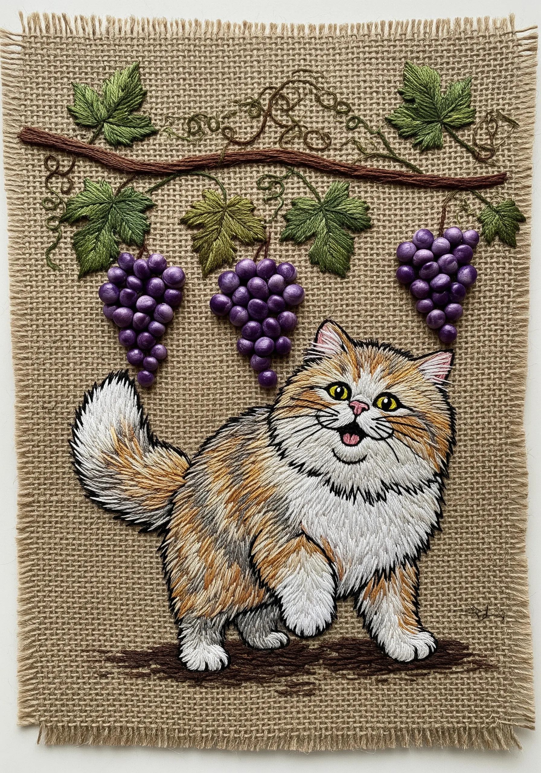 A fluffy calico cat embroidered on rustic burlap with grape vines.