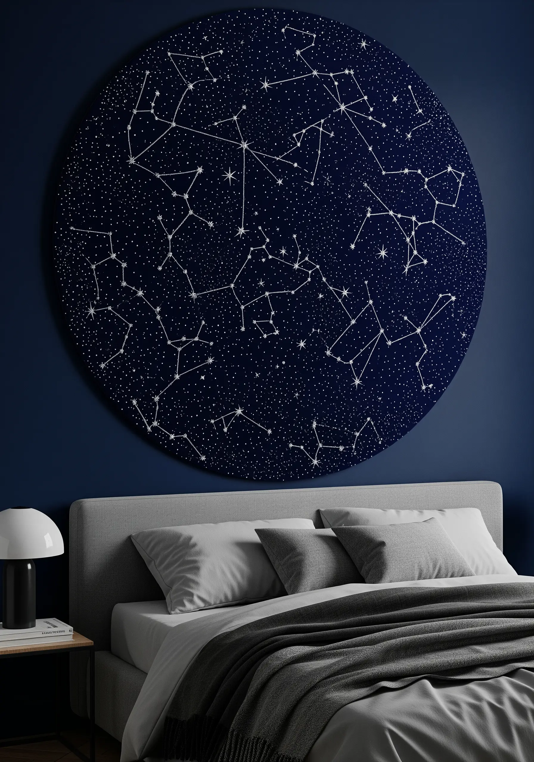 A large, round wall hanging showing embroidered constellations on a dark blue background.