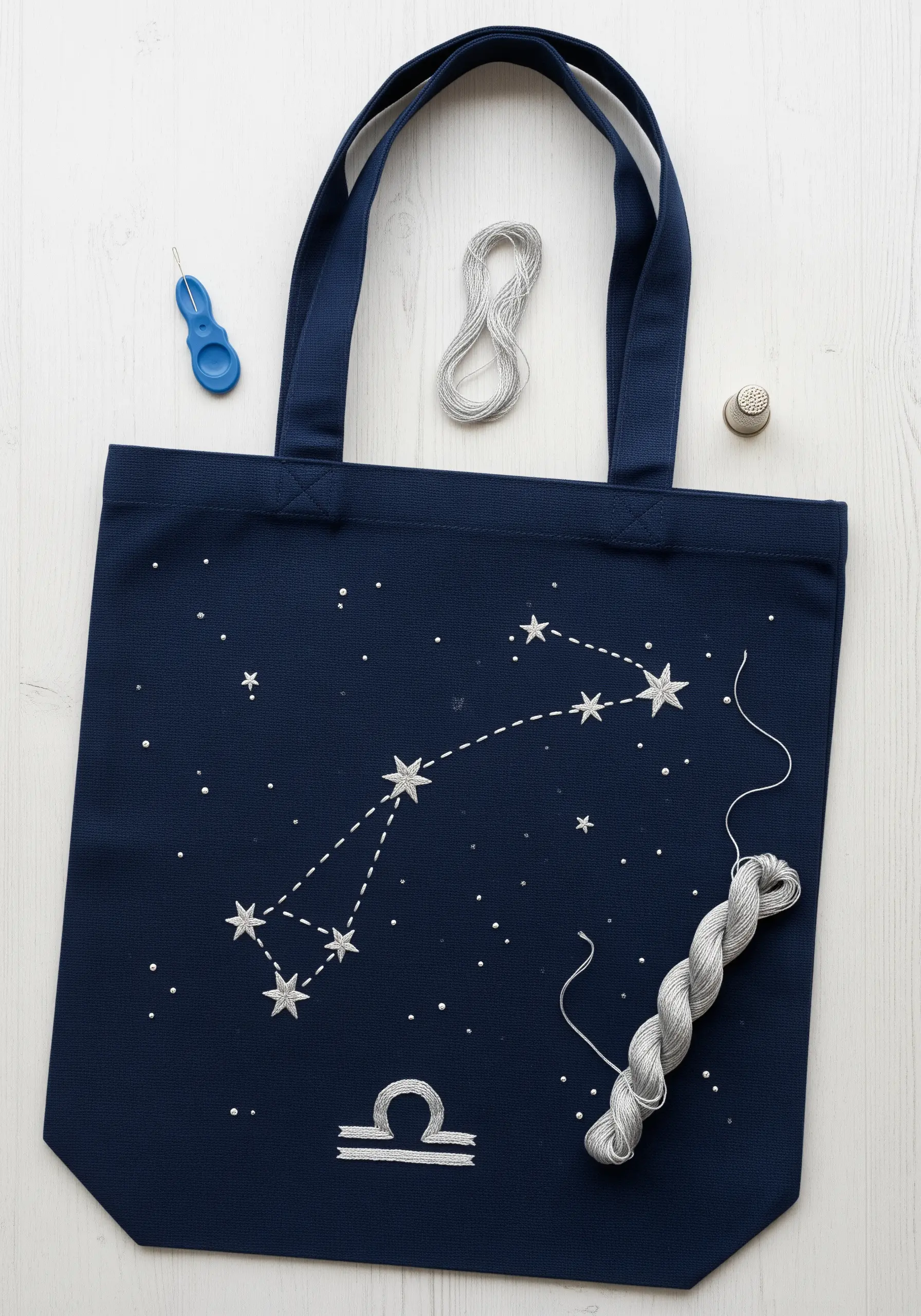 A navy blue tote bag embroidered with a zodiac constellation in sparkling silver thread.