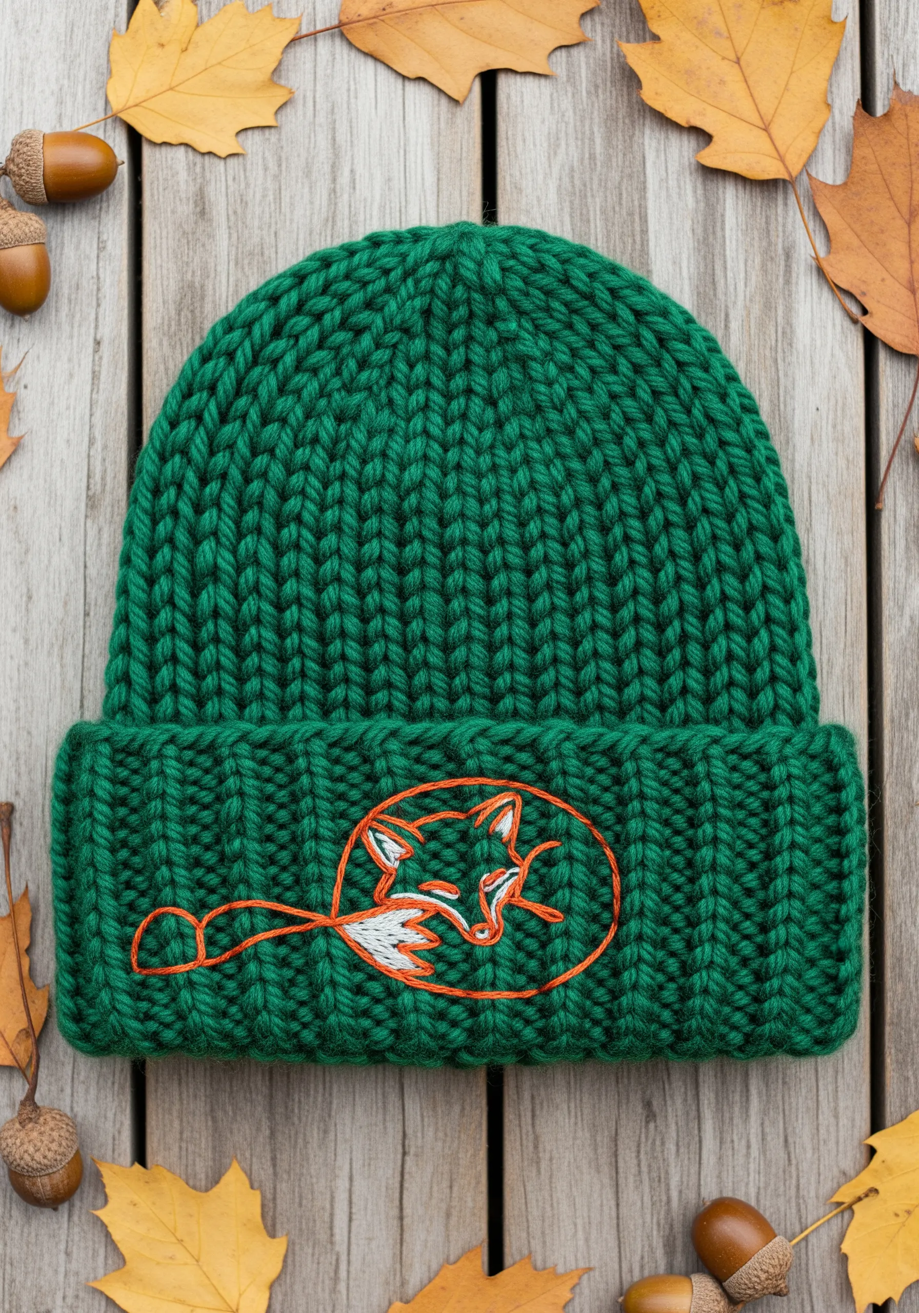 A sleeping fox outlined in orange thread on a green knit beanie, with a white tail.