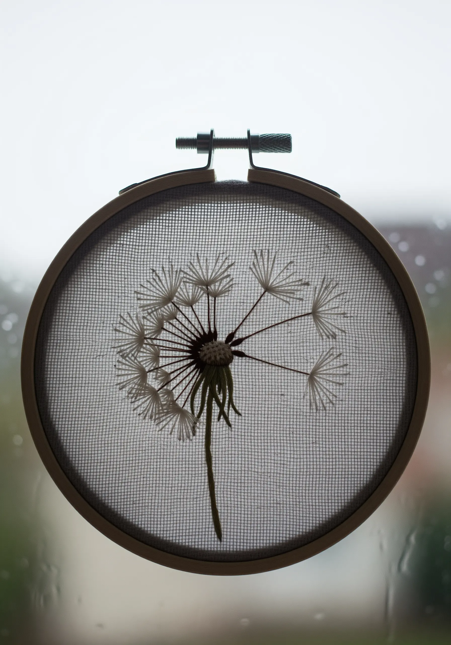 A delicate dandelion seed head embroidered on transparent fabric, creating a floating effect.