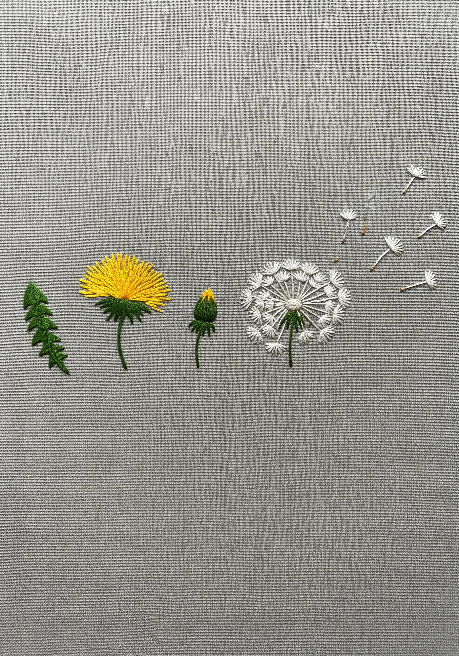 Embroidered life cycle of a dandelion, from yellow flower to floating white seeds.