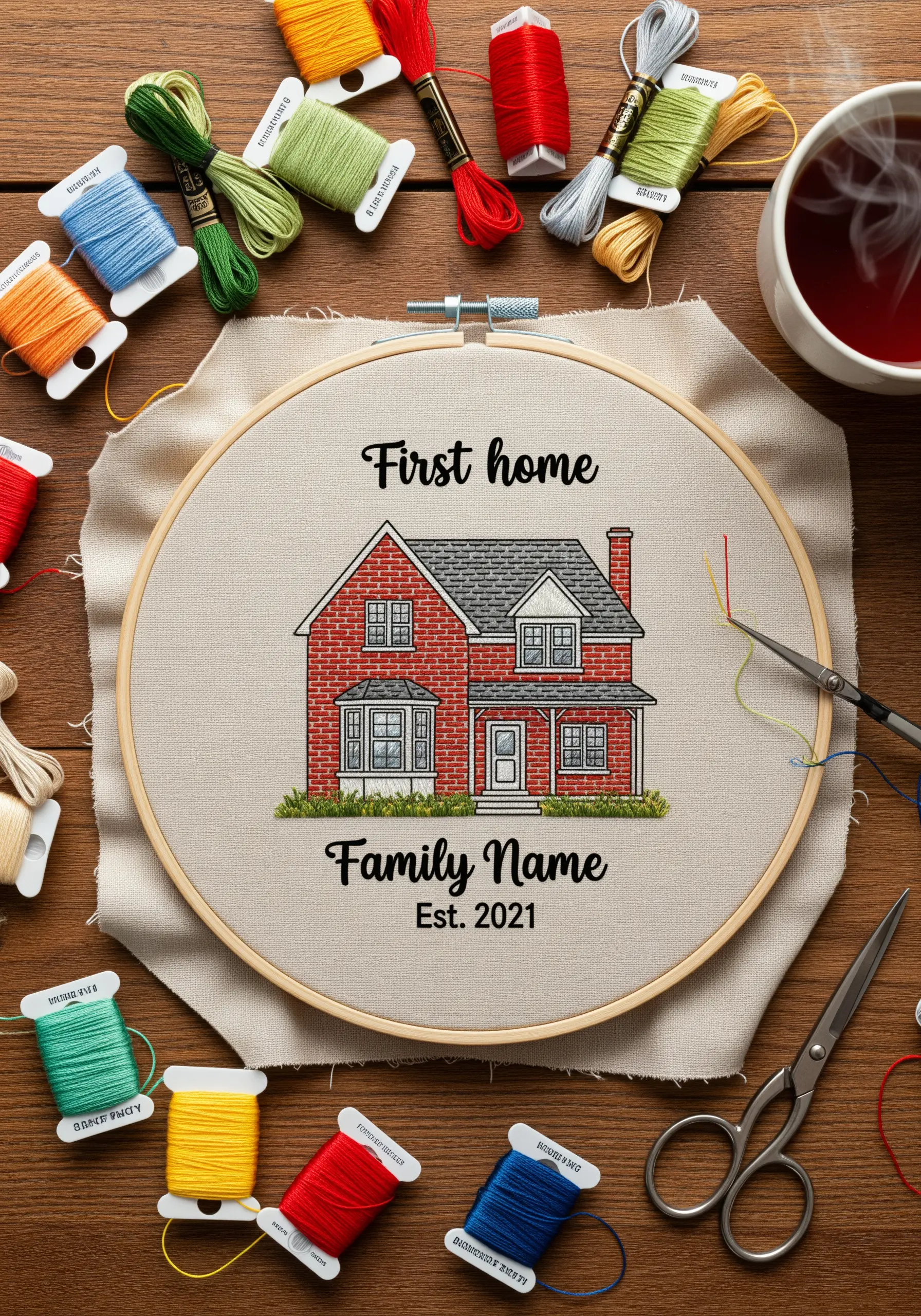 Detailed embroidery of a red brick house with family name and date.
