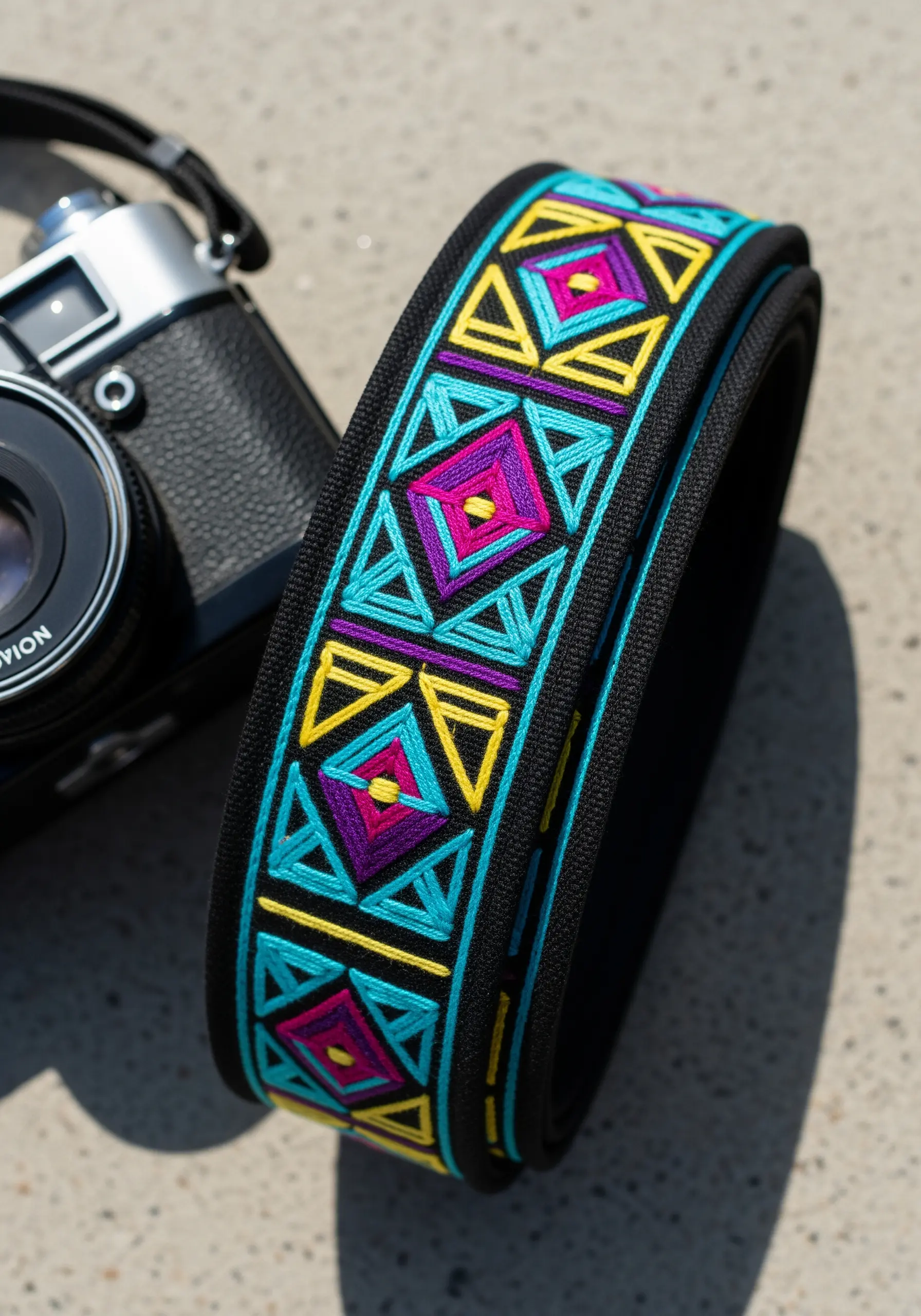 A close-up of a black camera strap with a bright, colorful geometric pattern embroidered on it.