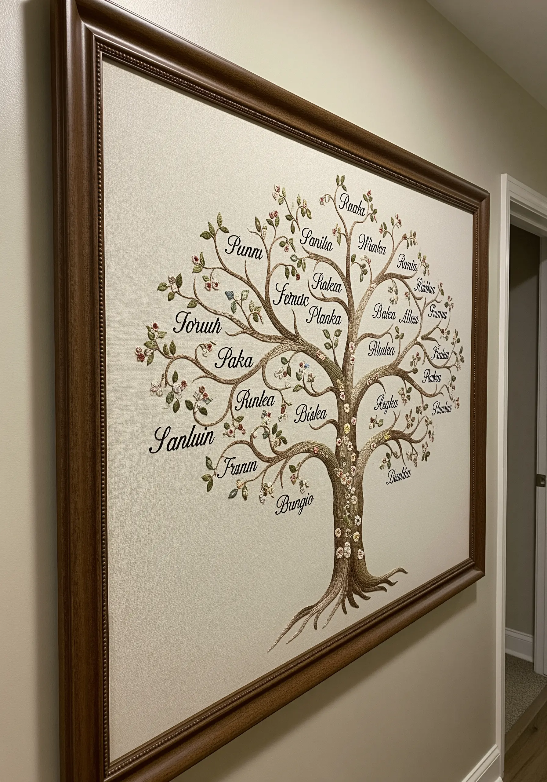 A large framed embroidery of a family tree with names stitched along the branches.